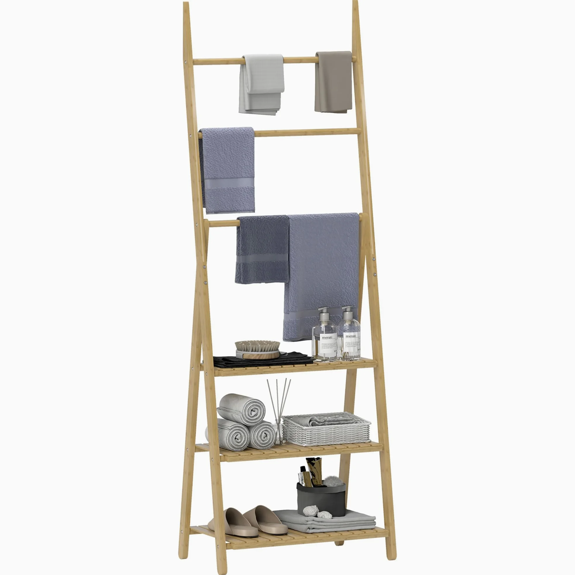 HOMCOM Estantería de Baño de Bambú con 3 Estantes 53,5x30x153 cm Natural | Estantería de Almacenaje, Plegable, con Barras, en Forma de A