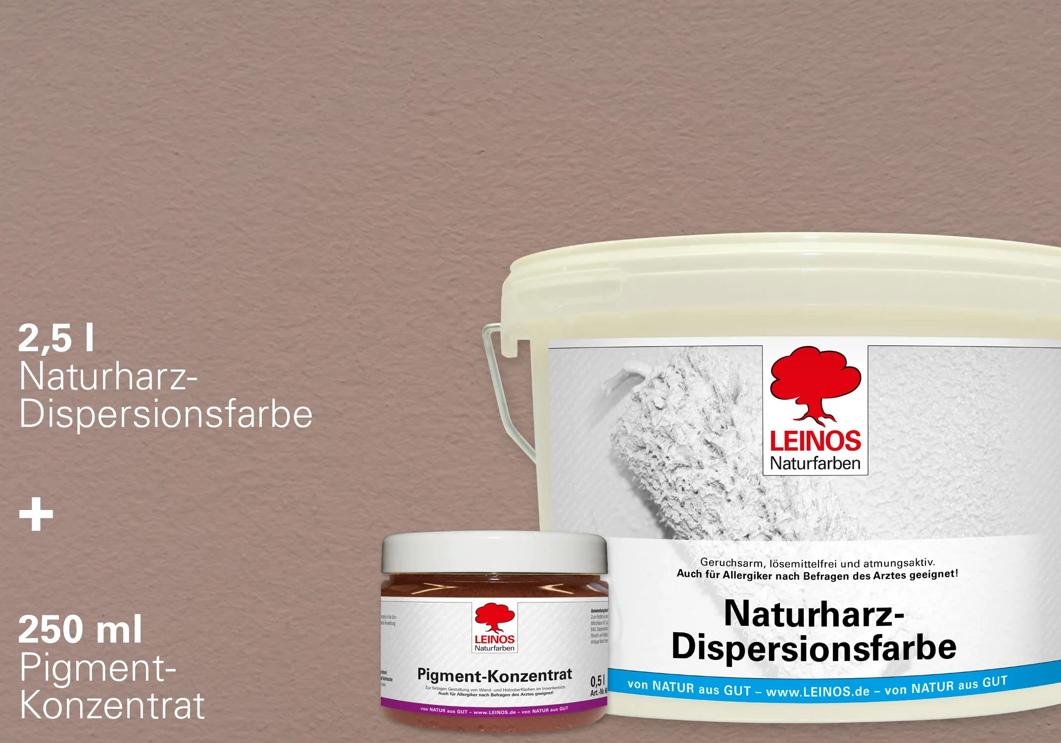 LEINOS Set de pintura para paredes (2,5 l, resina natural de emulsión 660 + 250 ml, pigmento concentrado 668.306), óxido de hierro y caoba
