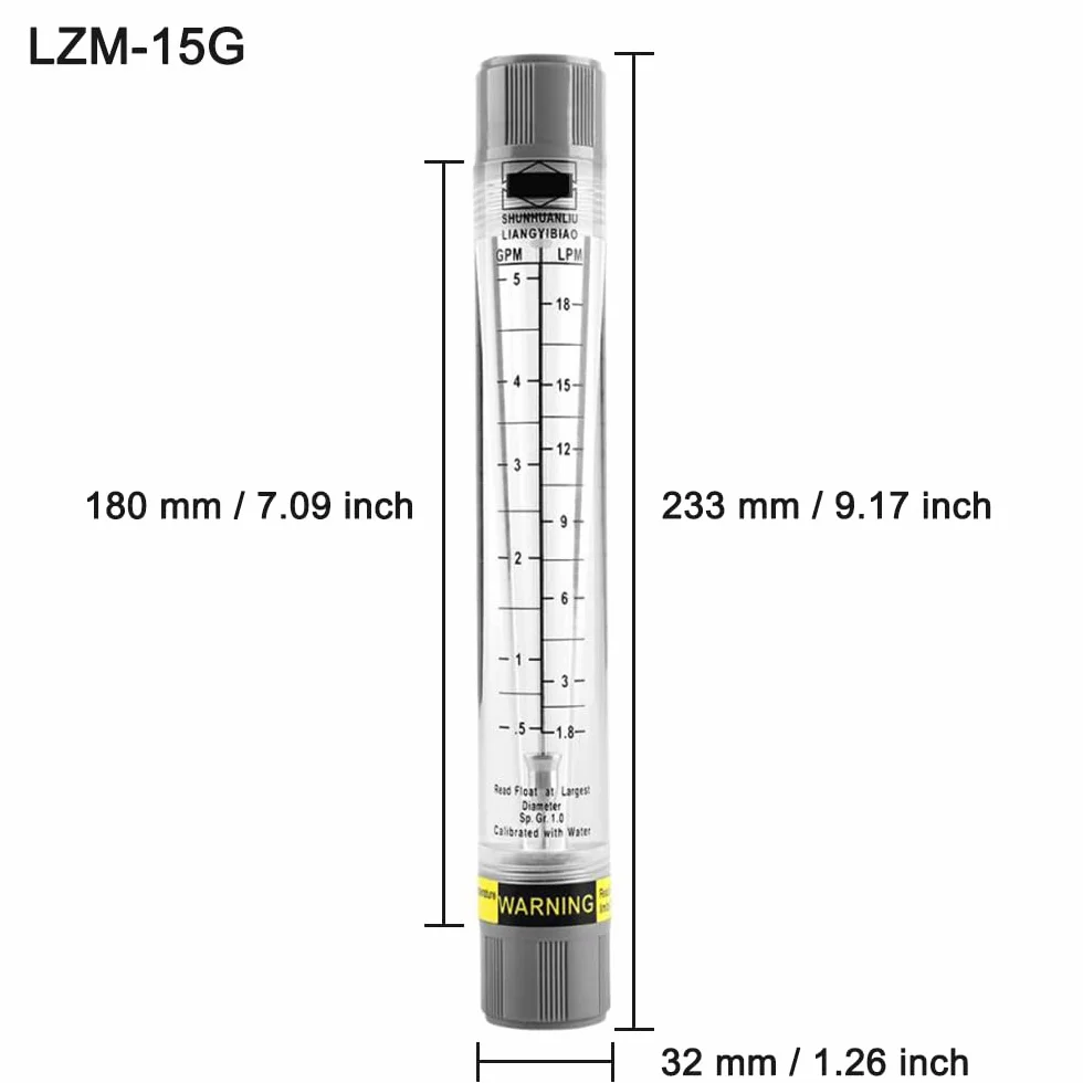 Caudalímetro líquido tipo tubo, 0..25-2.5 GPM y 1-9 LPM rotámetro de agua de alta precisión para análisis de la tasa de medio líquido, LZM-15G (rosca interna de 1/2 pulgada)