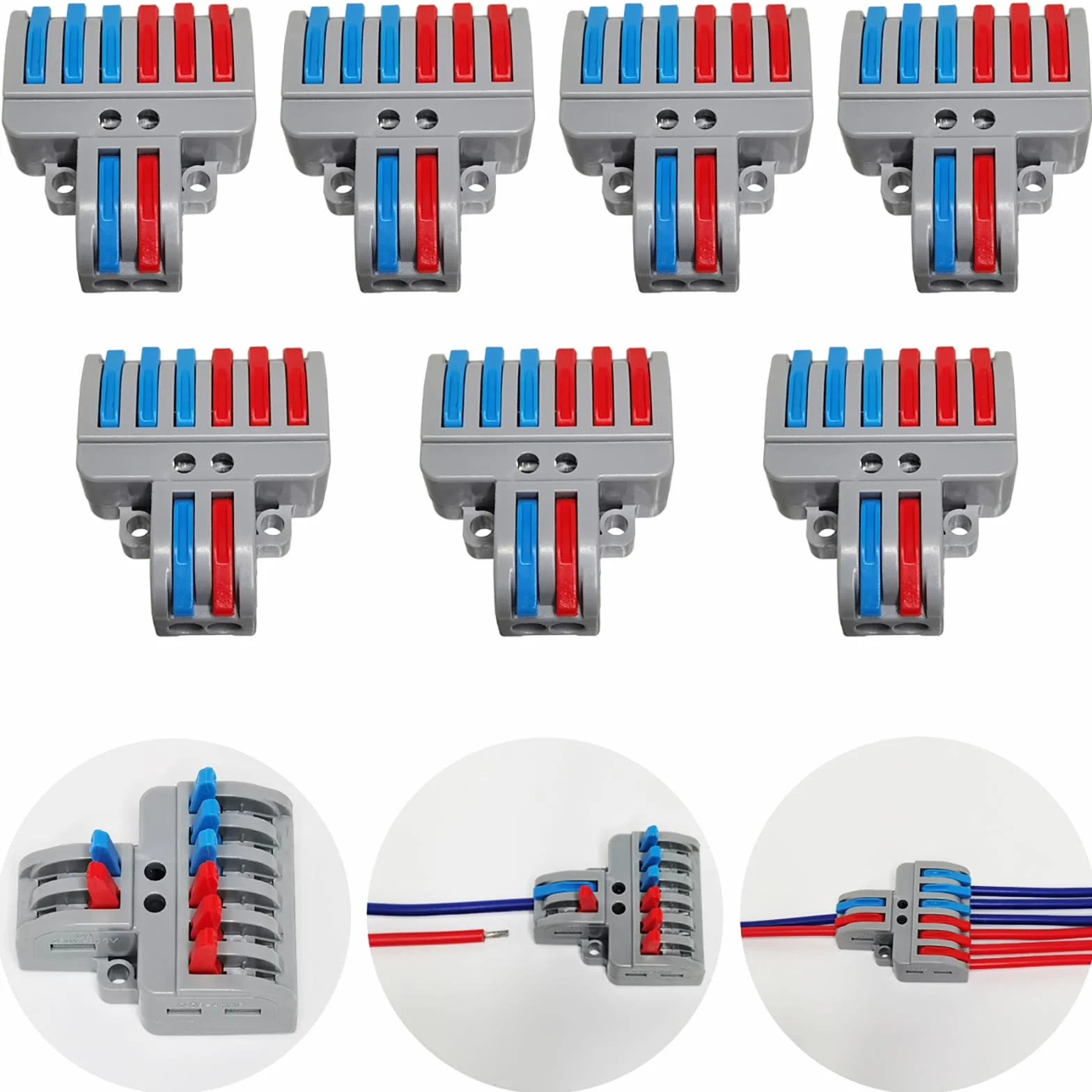 CTRICALVER Lever-Nut Surtidas Conector Paquete de 7, Bloque de Terminales de Barra de Presión Bilateral, 2 en 6 fuera Conductor Compacto Cable Conector，Con tornillos de montaje