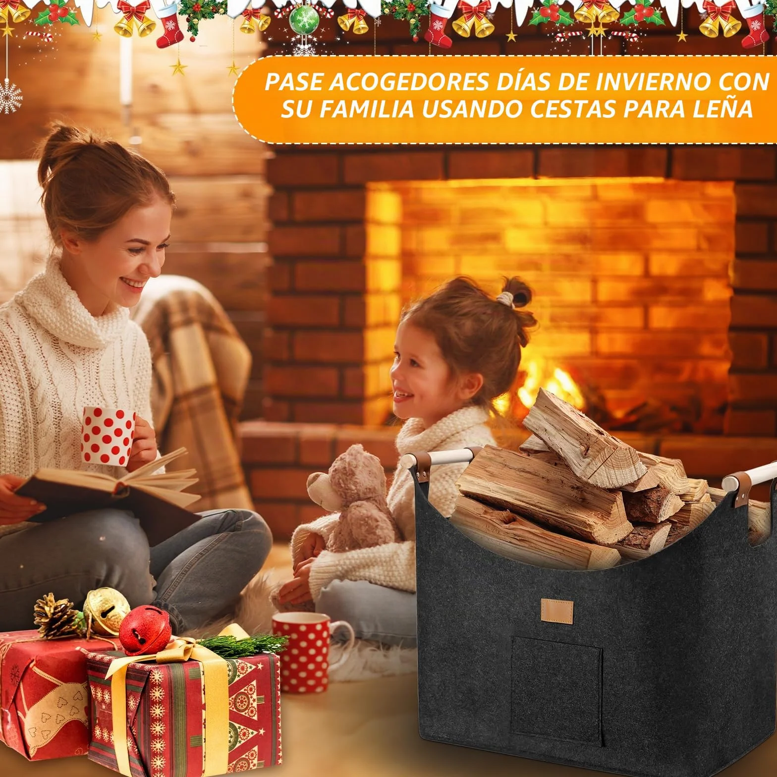 96LCesta para Leña de Chimenea, Cesta de Leña, Plegable Bolsa de Fieltro para Leñas, Cestas para Leñas con Asas, 60x40x40 Cestas Leñas, Cestass de Fieltro para Leñas de Chimenea, Gris Oscuro