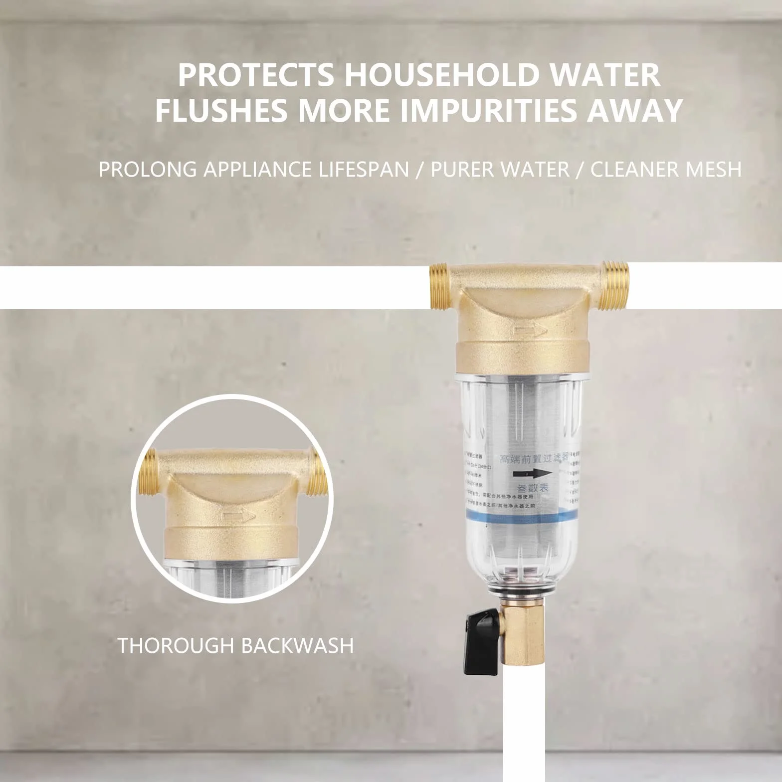 Prefiltro de Agua de Sedimentos Giratorio Purificador Reutilizable, Filtro Agua Entrada General Agua con Llaves y Tubo de Alcantarillado, Filtro de Agua Para Casa de ÓSmosis (3/4" Rosca Macho)