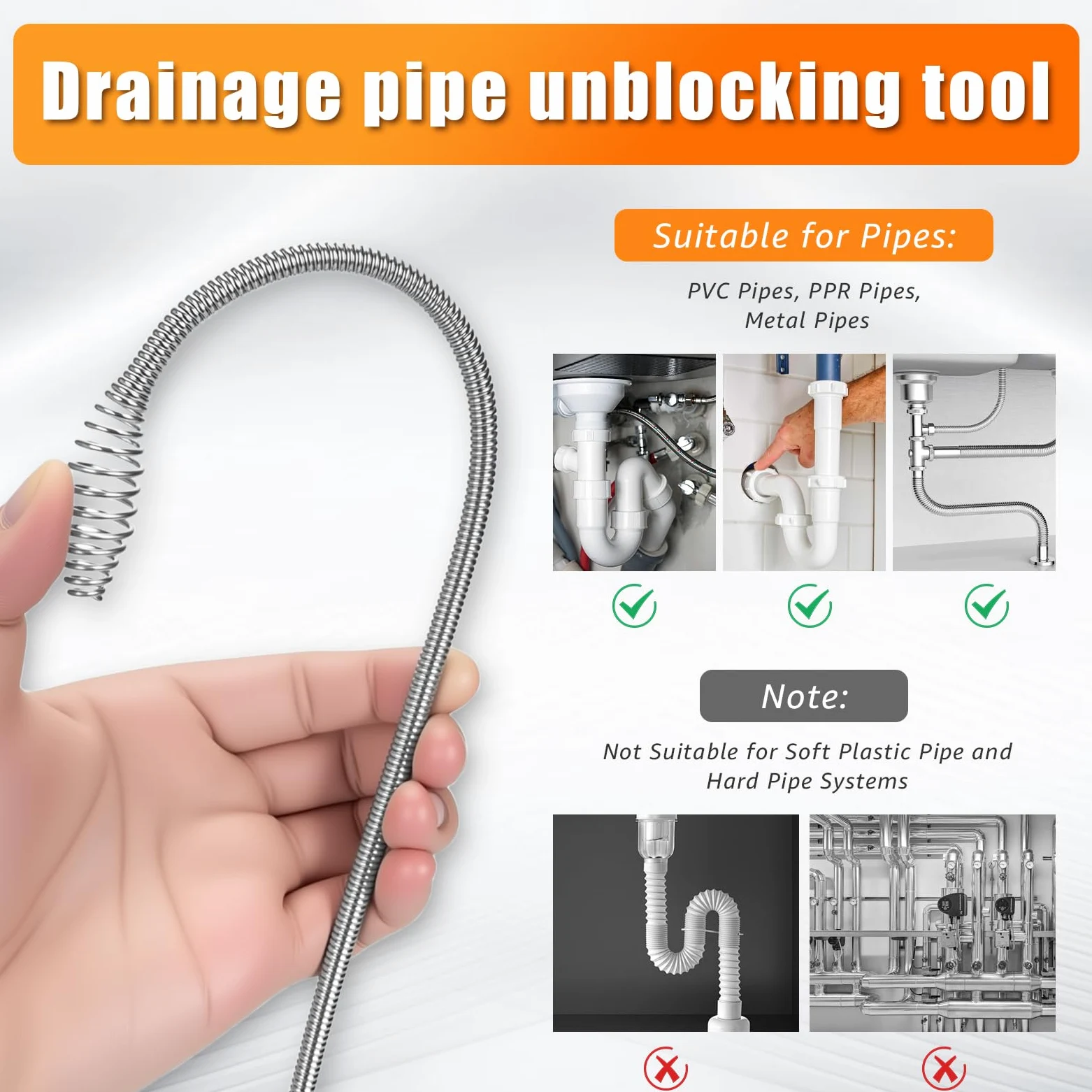 Espiral de limpieza de tuberías con accesorio de perforación de 13 m | Serpentín para Desatascos Ecológico, Ideal para Cocina y Baño – Cable de Acero al Manganeso, Empuñadura Antivibración