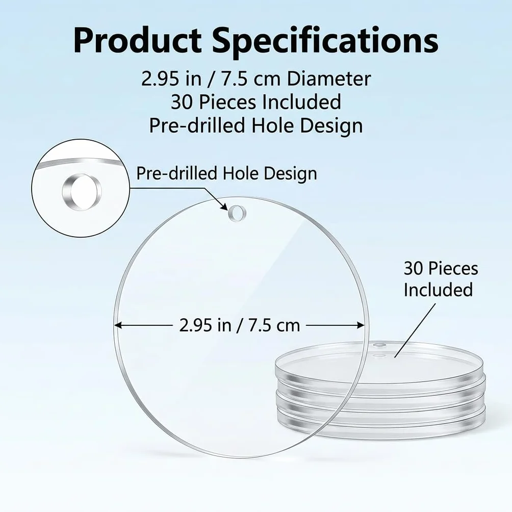 30 discos acrílicos redondos con agujero de 7,5 cm, placas de 1 mm de grosor, transparentes para plóter en blanco, placa de cristal acrílico para pintar, llaveros, manualidades y decoración de bodas