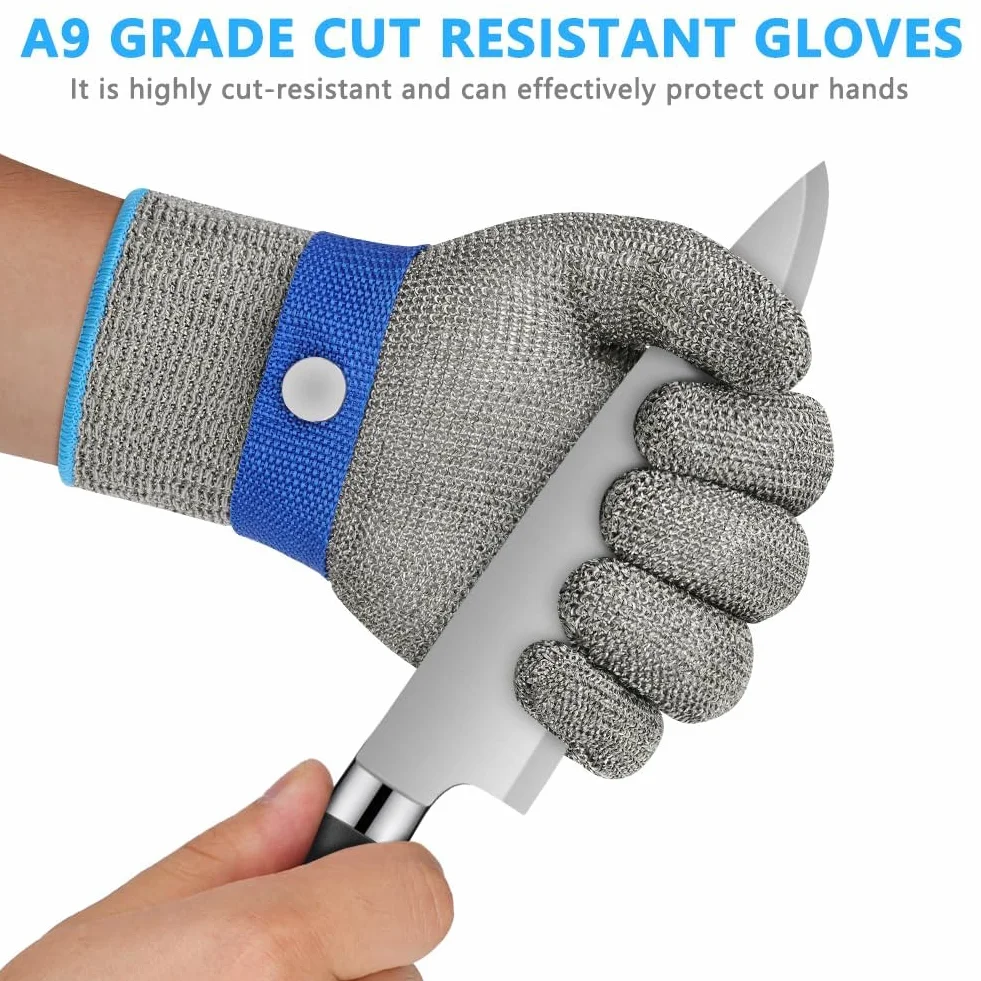 Flintronic Guantes Anticorte Nivel 9, Guantes de Malla de Acero para Trabajo, Protección de Seguridad, Carnicero, 2 Manos de Nailon, Talla M
