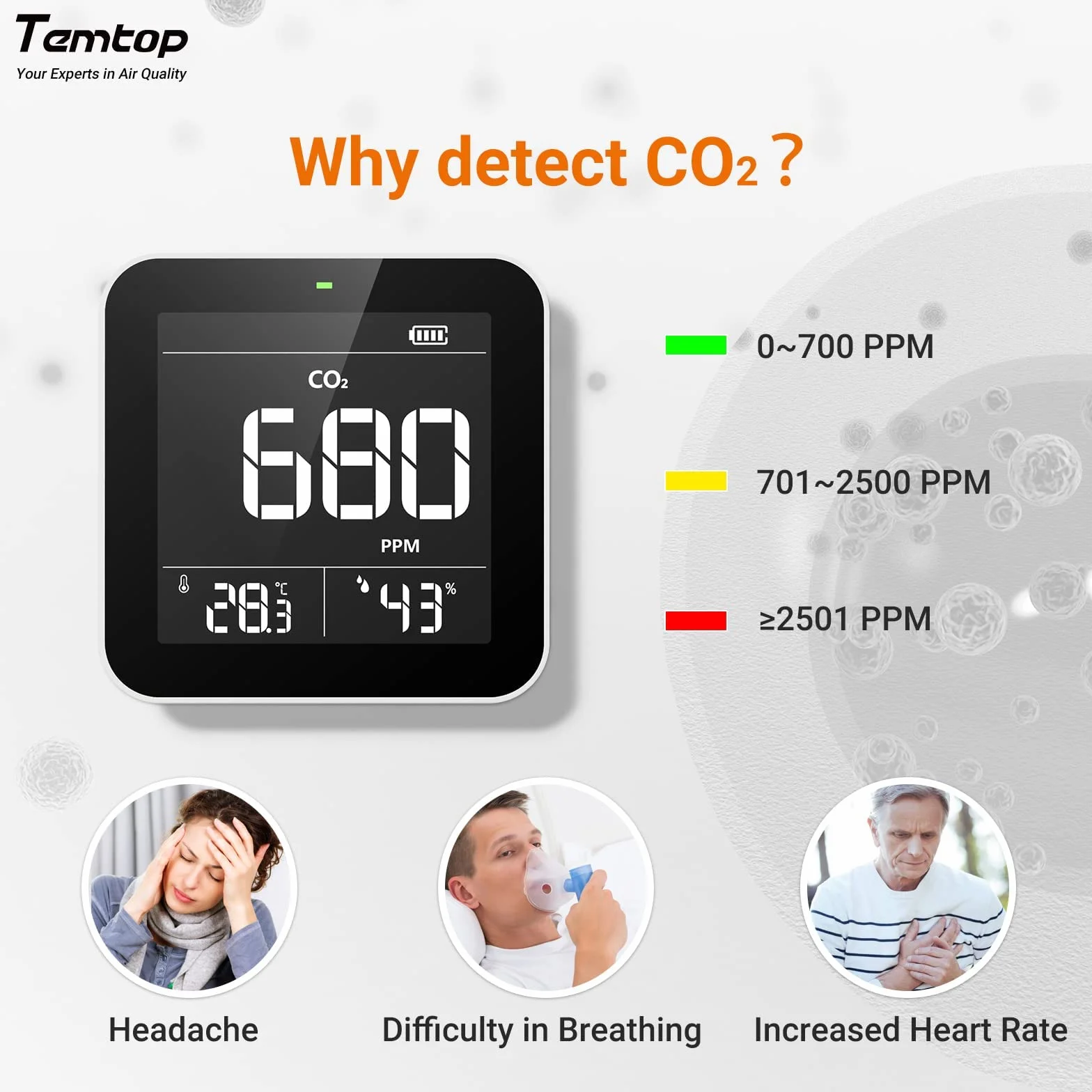 Temtop C10 - Medidores de Calidad de Aire Inteligentes, Detector de CO2, Detector de Calidad del Aire, Monitor de CO2, Detector de dióxido de Carbono Interior, probador de CO2