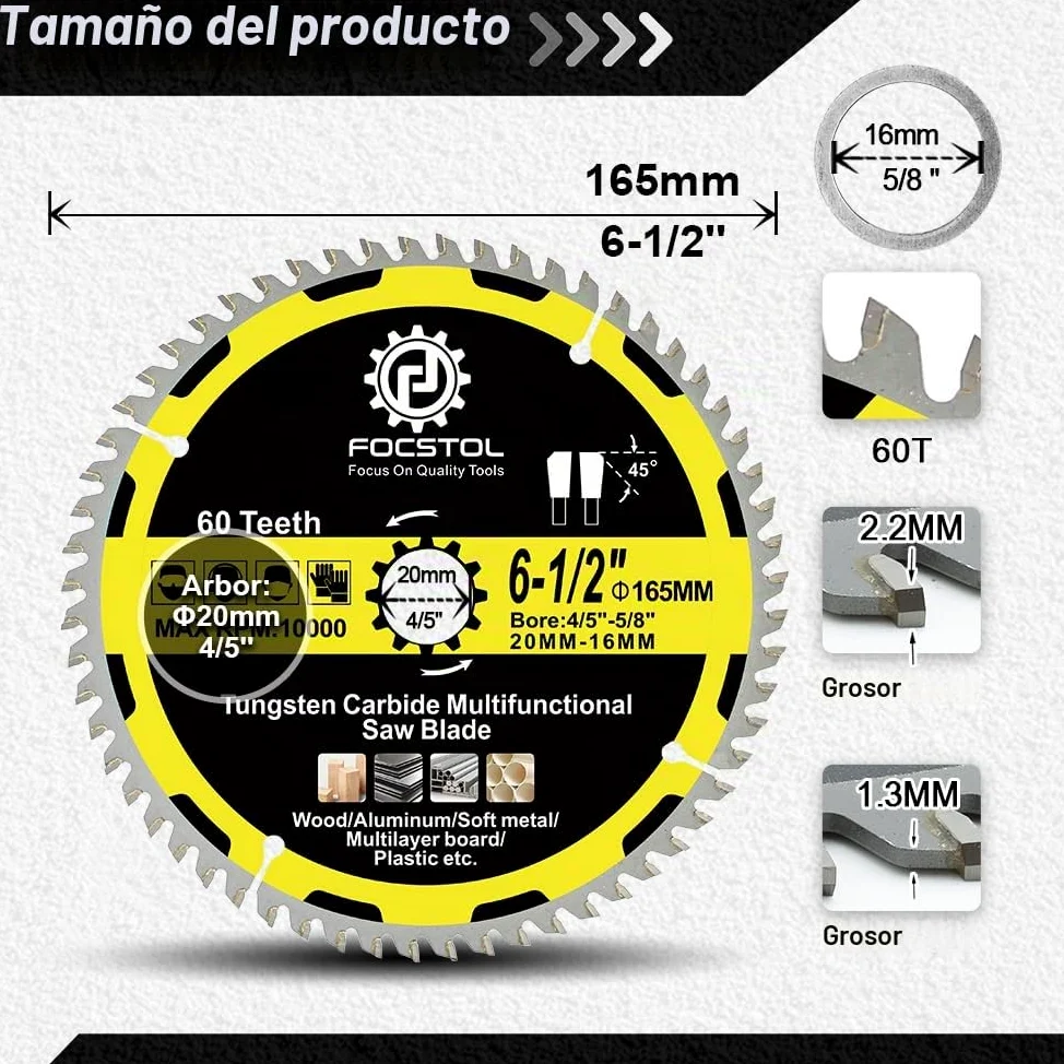 FOCSTOL Hoja Sierra Circular para Madera 165mm x 20/16mm - Disco para Corte Madera con 60 Dientes Para Plástico Aluminio Cobre