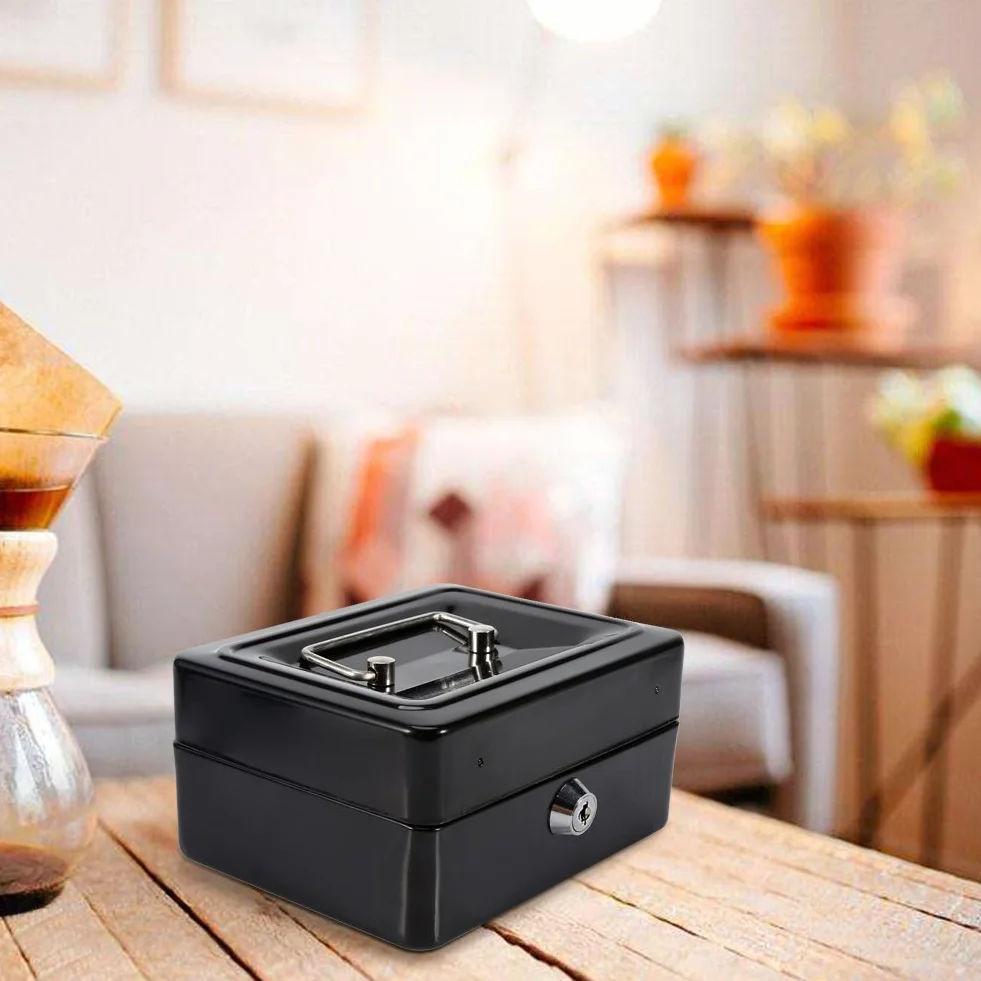 Caja impermeable ignífuga con cerradura de llave, mini caja fuerte portátil de acero Petty, negra