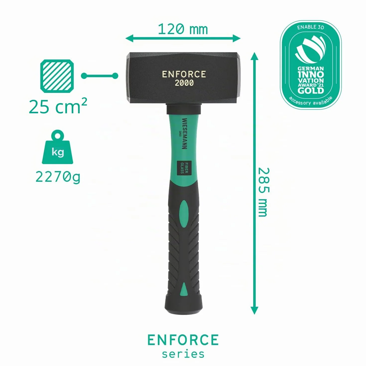 Mazo extragrande de 2000 g con empuñadura de fibra de vidrio de la ENFORCE Serie de WIESEMANN 1893 | Cabeza forjada, endurecida por inducción | 80560