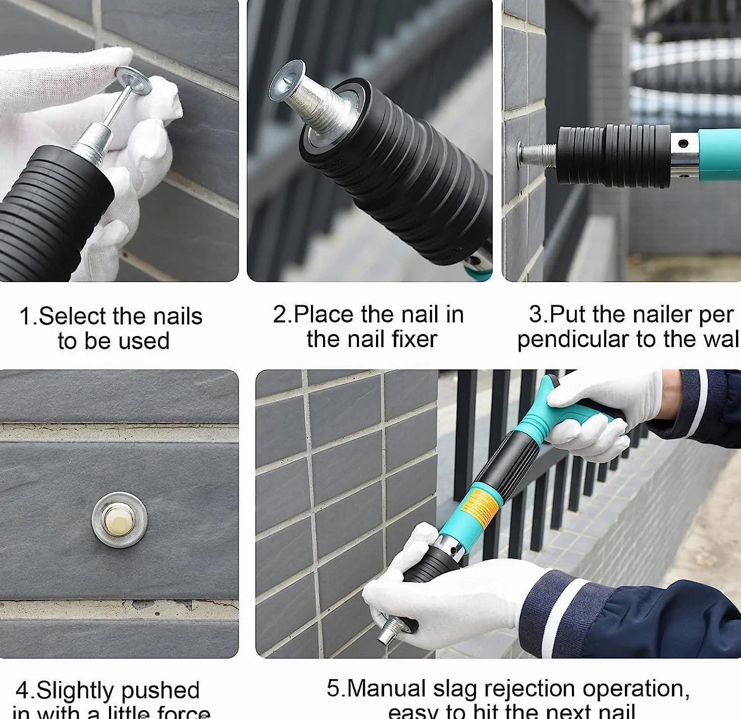 Clavadora Beton,Pistola de uñas de uñas, 5 velocidades, pistola de uñas manual,Pistola de uñas con guantes de gafas,Kit para techos de paredes de hormigón (con 100 clavos)