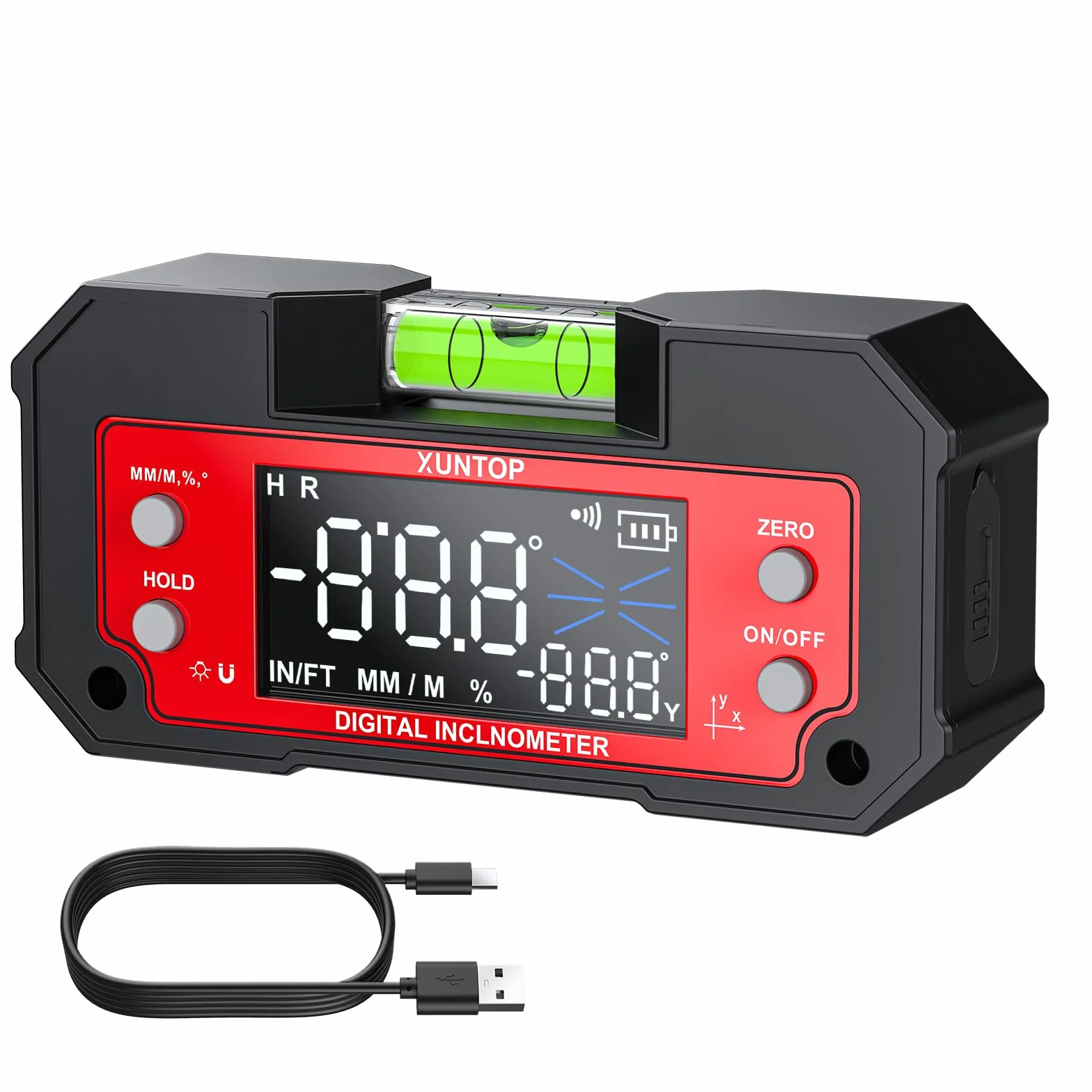 XUNTOP Inclinometro Digital de Doble Eje Eje X 4×90°/ Eje Y ±60° Transportador Digital con Nivel de burbuja Buscador de Ángulo Recargable con Imanes en 2 Lados para Carpintería Construcción Bricolaje
