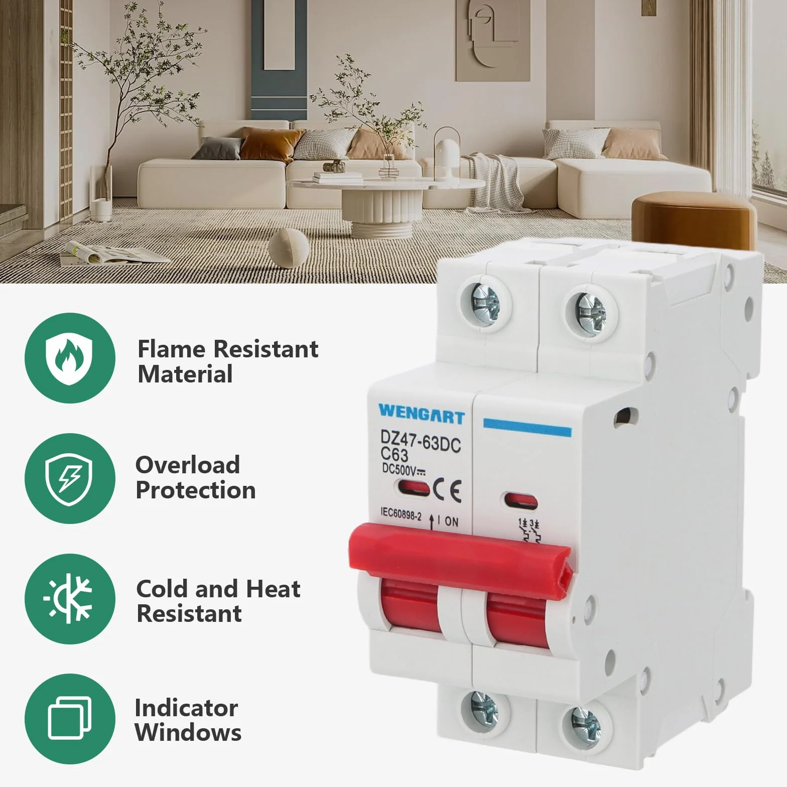Wengart Magnetotérmico de CC (Corriente Continua) 63A 500V,Disyuntor Bipolar (2P) para Instalaciones Solares Fotovoltaicas,Autocaravanas y Baterías,Montaje en Carril DIN