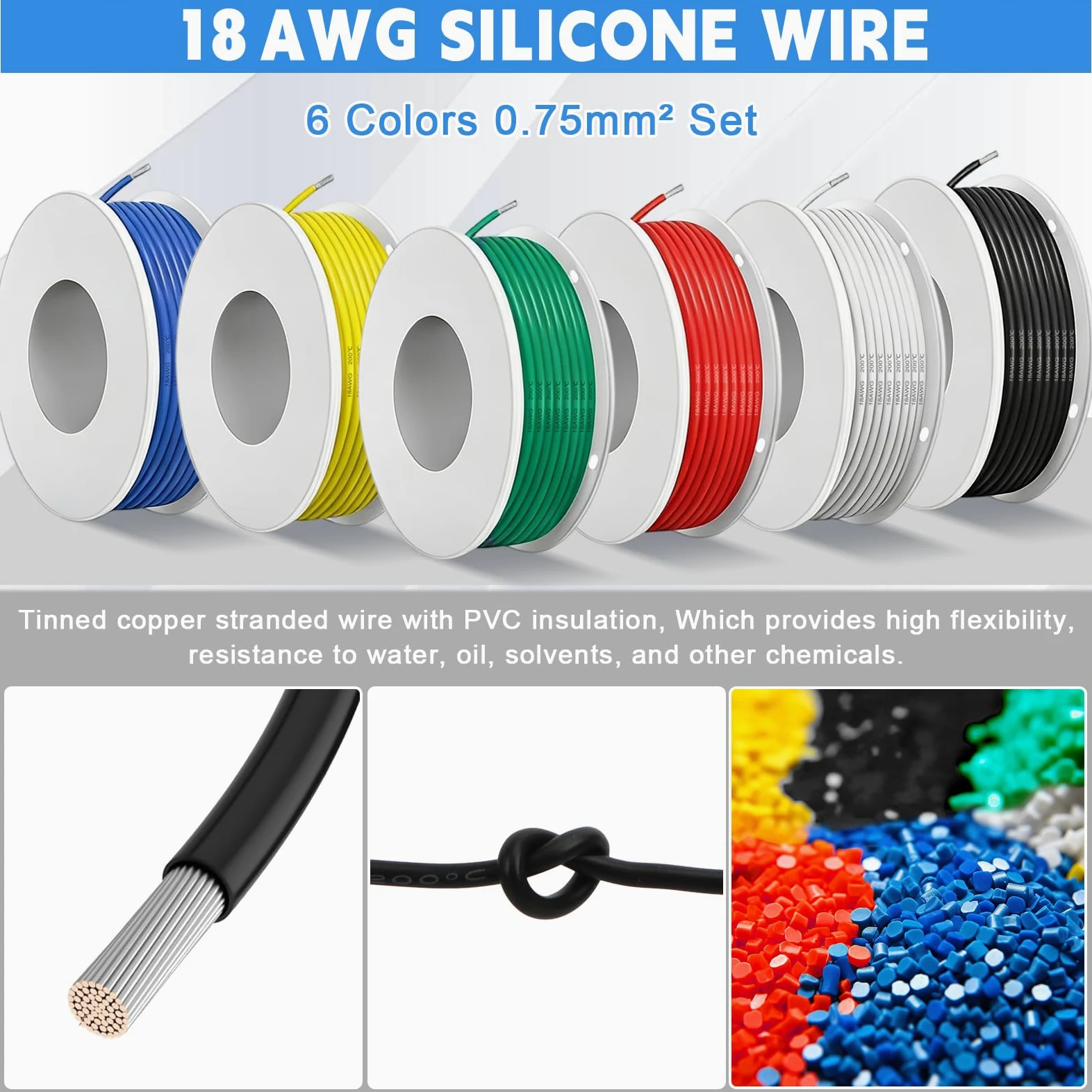 Cable eléctrico de silicona - 18AWG 0,75mm² 6 colores(cada color 8 m) Alambres eléctricos kit Alambre de cobre estañado trenzado Para bricolaje, modelos RC, lámparas, electrodomésticos, etc.