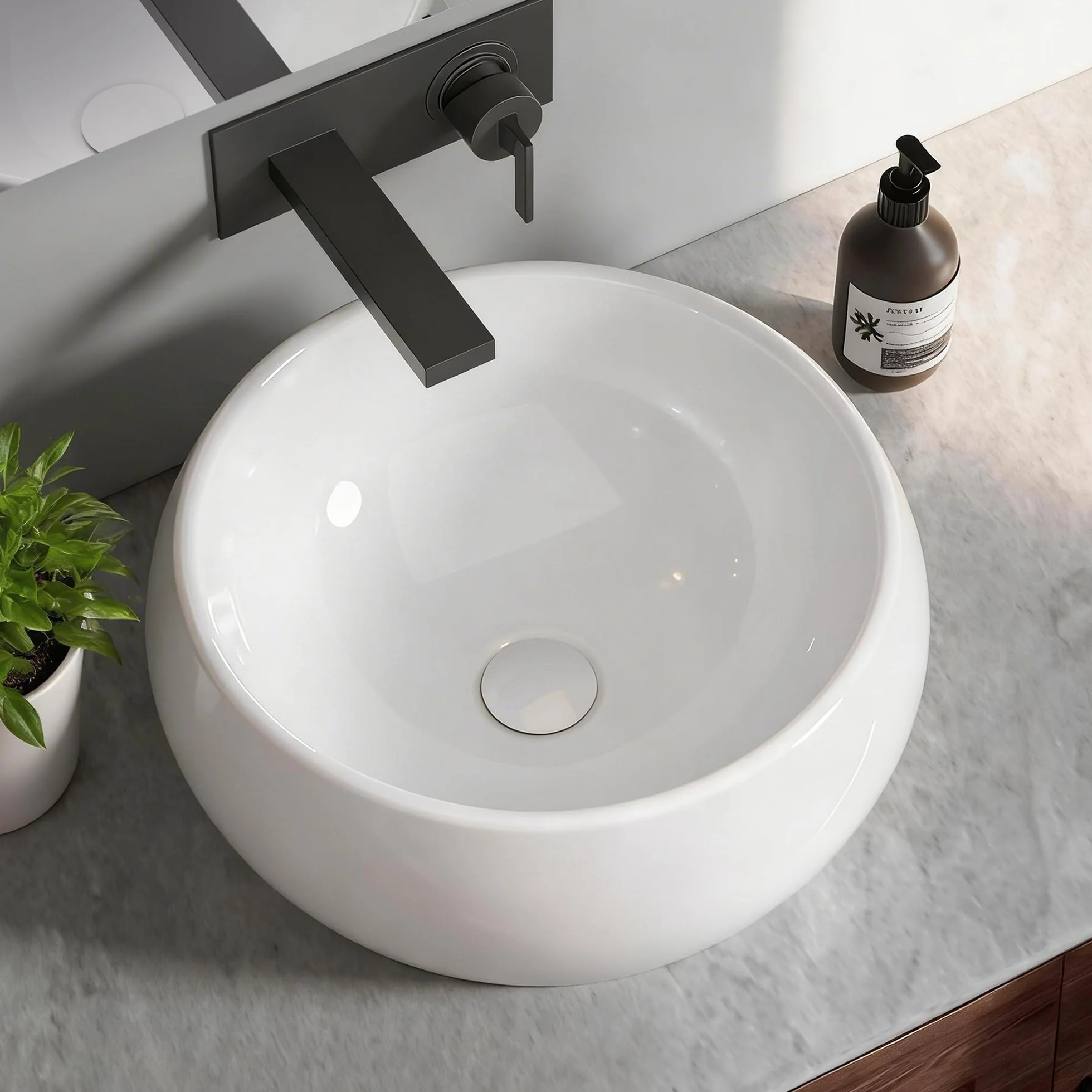 NUESTRA VIDA Lavabo de Cerámica para Baño, Lavabo Sobre Encimera Lavamanos Redondo de Baño 40 × 40 ×15,5cm, Ideal para Poner Sobre Encimera de Muebles de Baños y Aseos