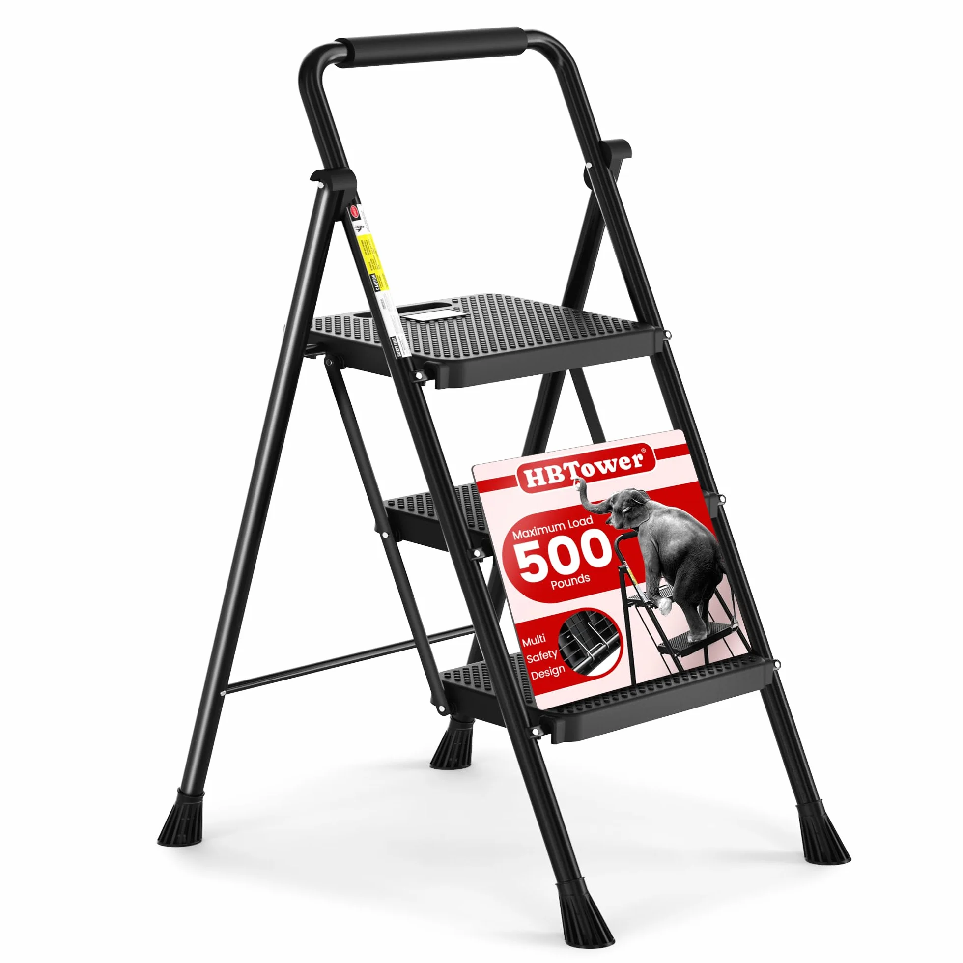 HBTower Escalera 3 Peldaños Plegable, Peldaños Antideslizantes con Asas Cómodas, Escalera Portátil de Acero, Negra