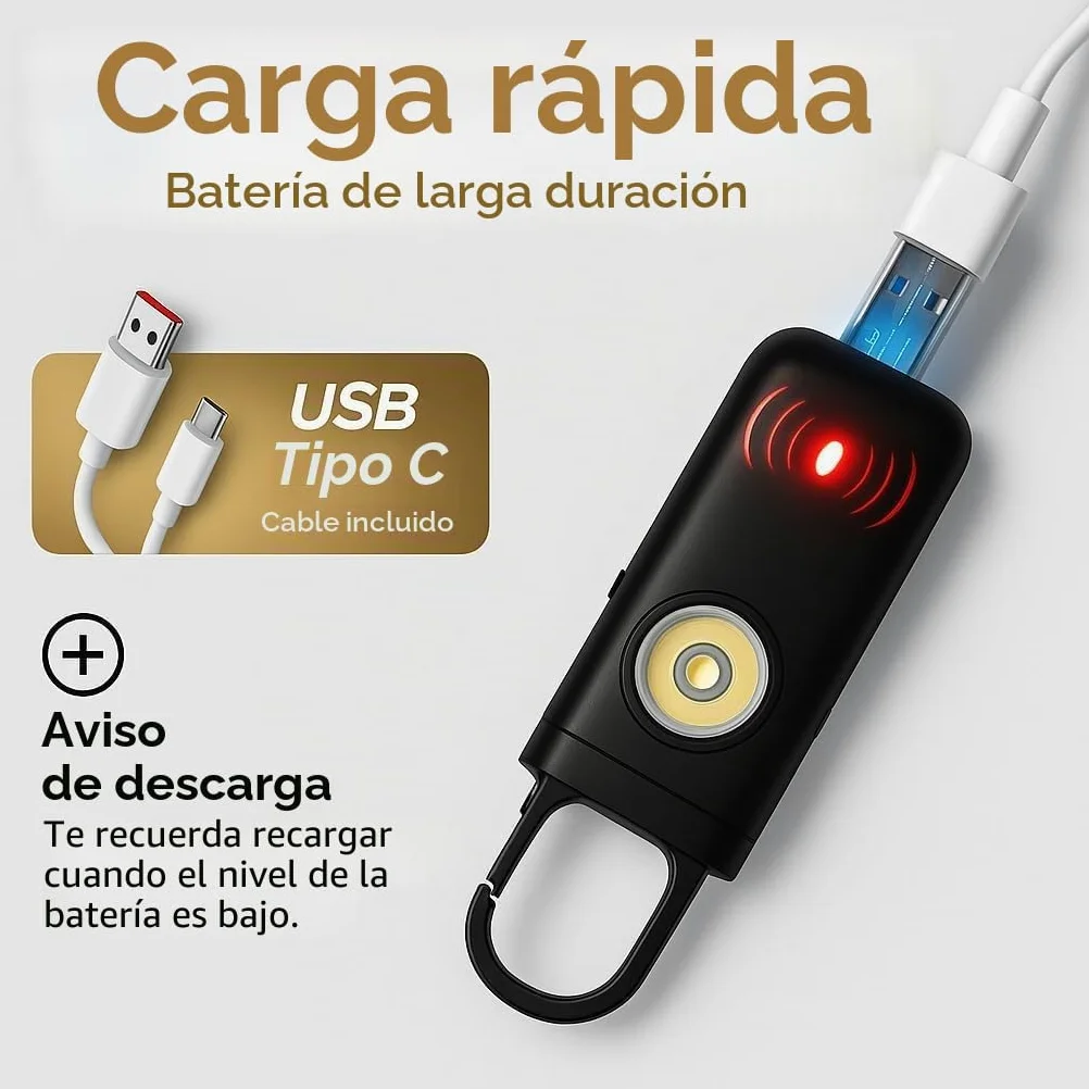 Alarma de bolsillo, alarma personal de seguridad de emergencia de 130 decibelios con luces, color negro