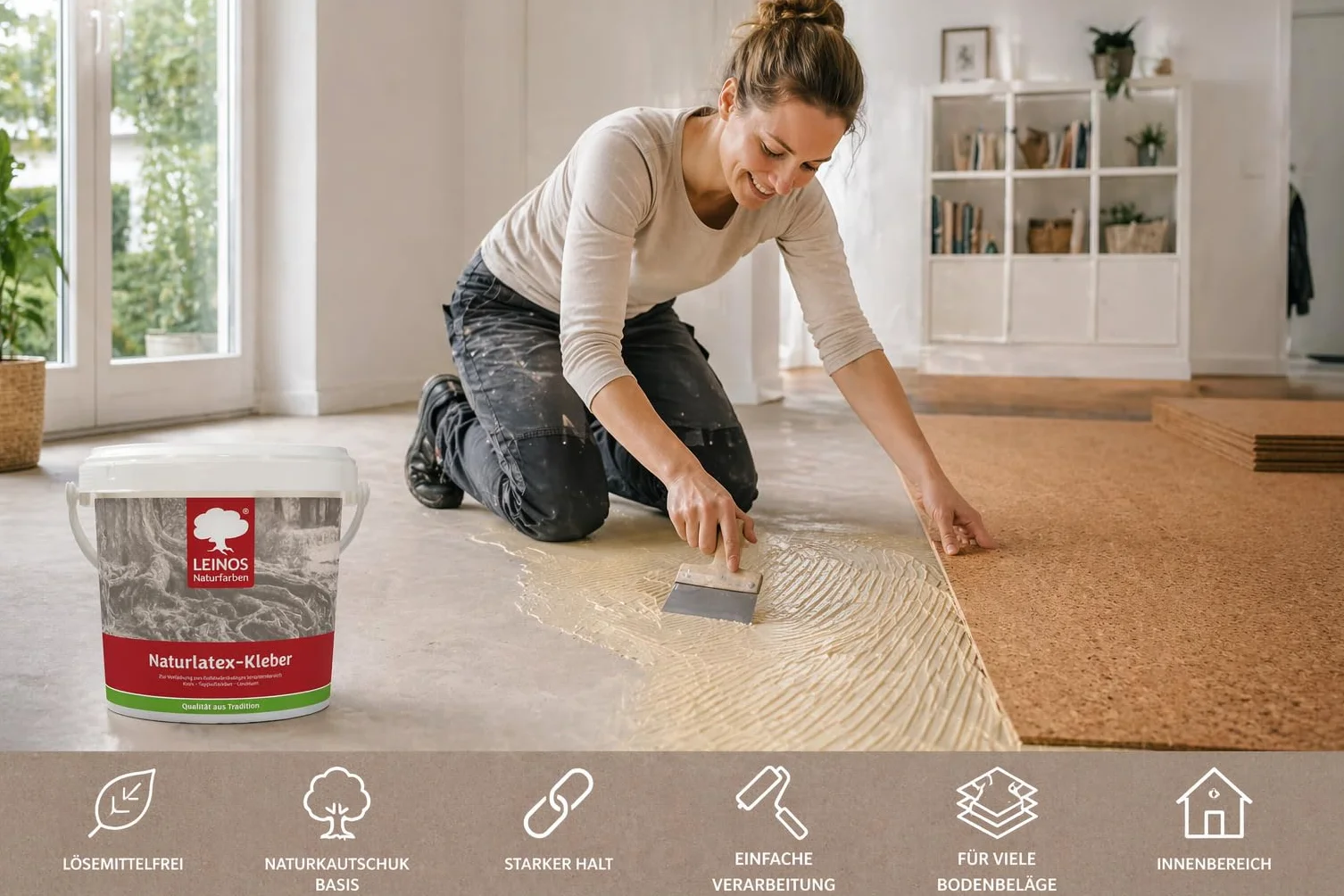 LEINOS Pegamento de látex natural 1,00 kg – adhesivo de contacto libre de solventes a base de caucho natural – para alfombras, corcho, cuero, fieltro, linóleo y papel – ideal para aplicaciones