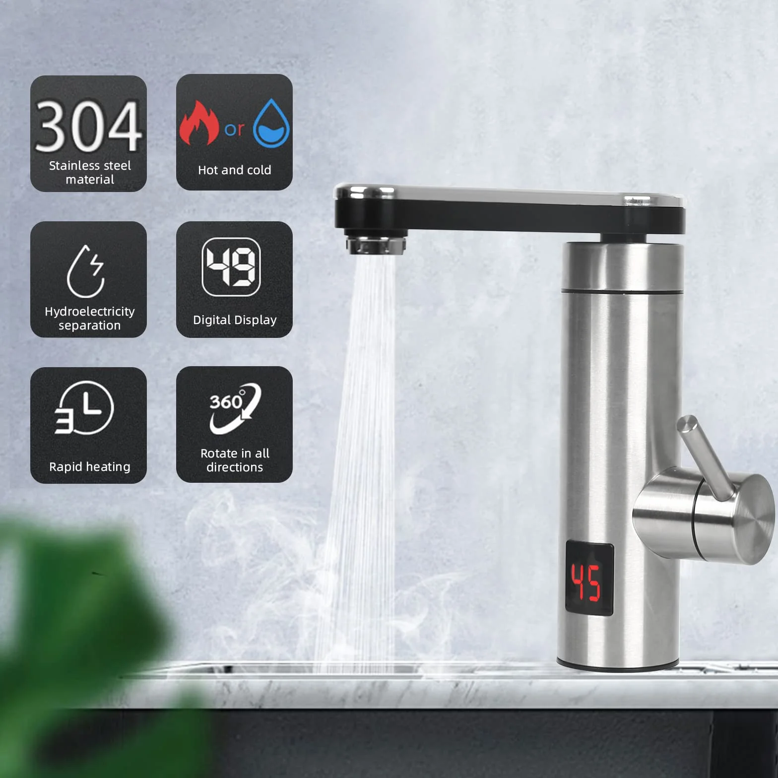Grifo Calentador Eléctrico 3KW con Indicador LED 360°, Mezclador de Acero Inoxidable para Baño y Cocina