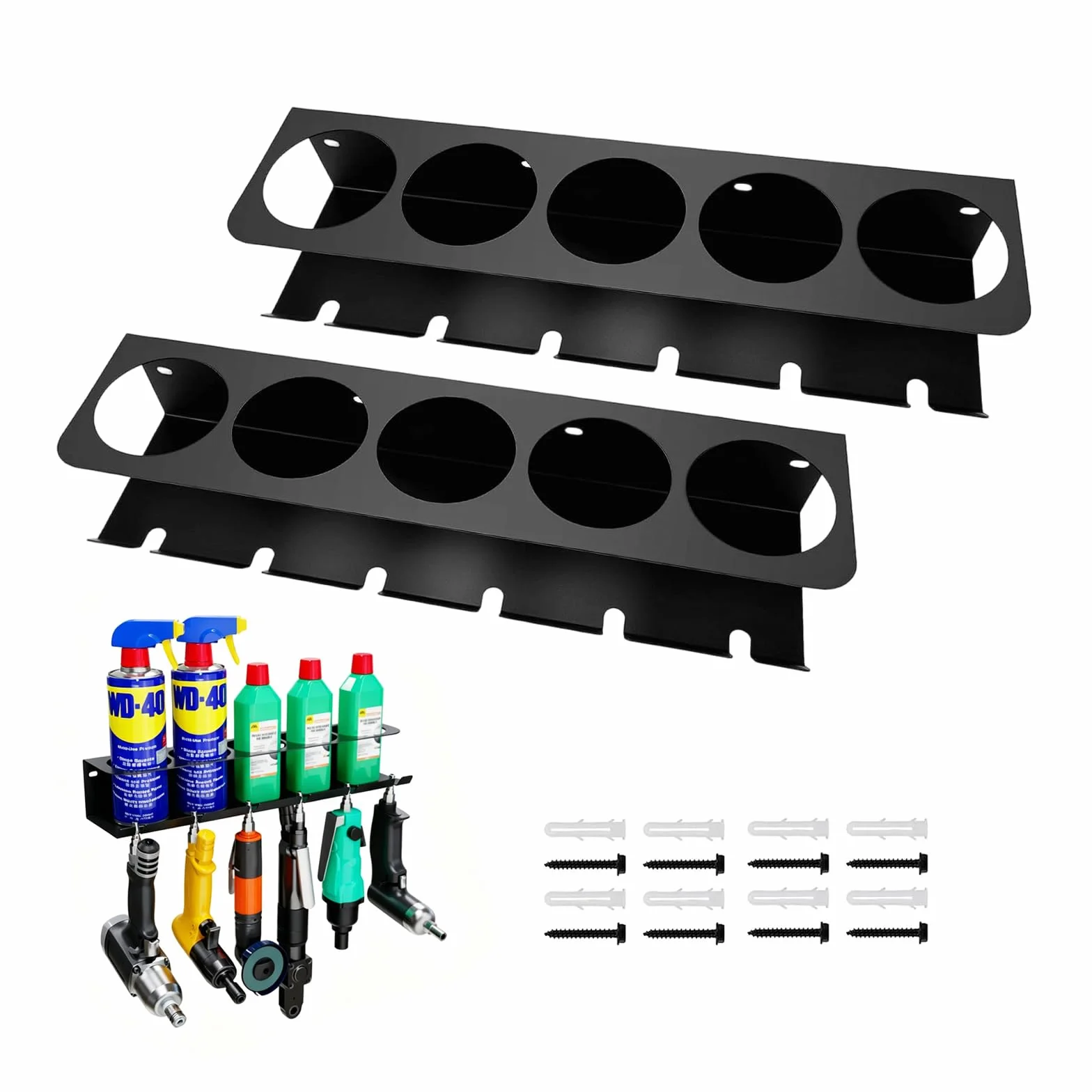Juego de 2 soportes para botellas de spray con 5 compartimentos y 6 ranuras, para garaje, taller y hogar