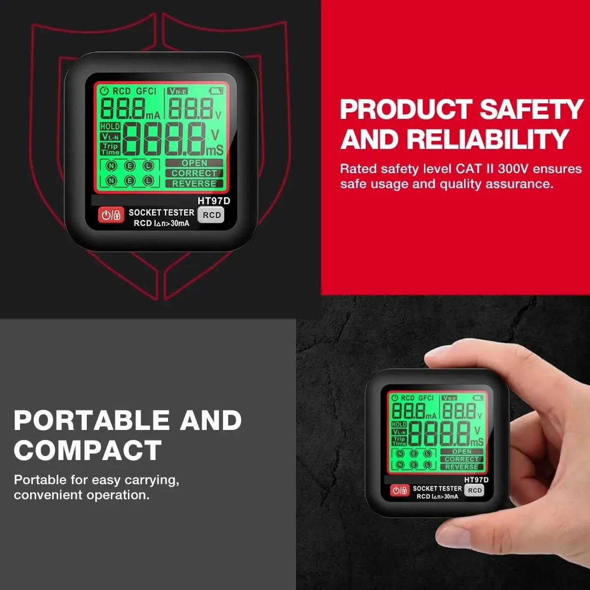 DollaTek D9B Profesional Tester de Enchufe Detección RCD/GFCI Display LCD Voltaje/Frecuencia 90-250V Analizador EU
