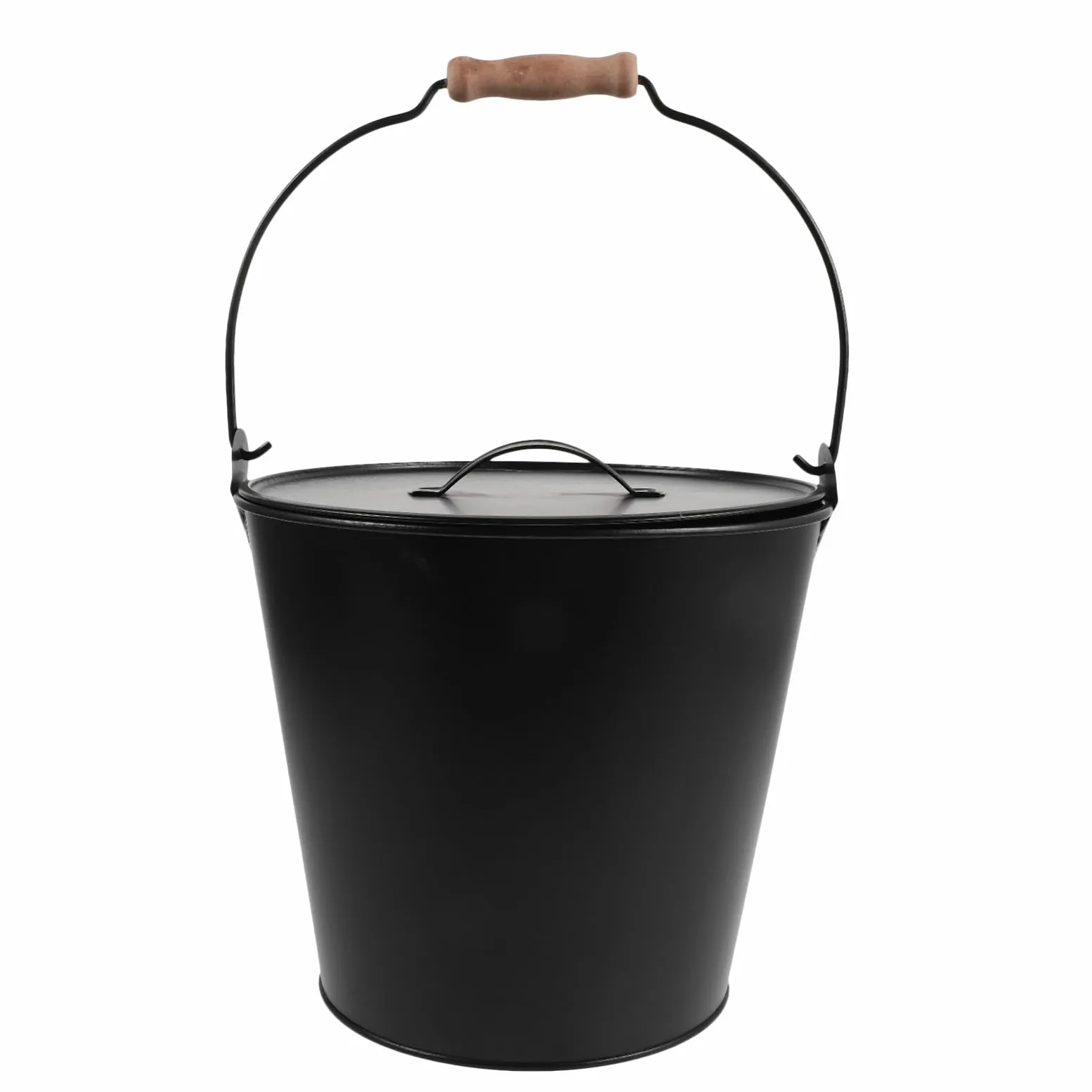 Hemobllo Cubo de Metal Negro para Cenizas con Tapa Segura y Asa de Madera, Adecuado para Estufas de Leña y Quemadores de Interior, para Recolectar Cenizas