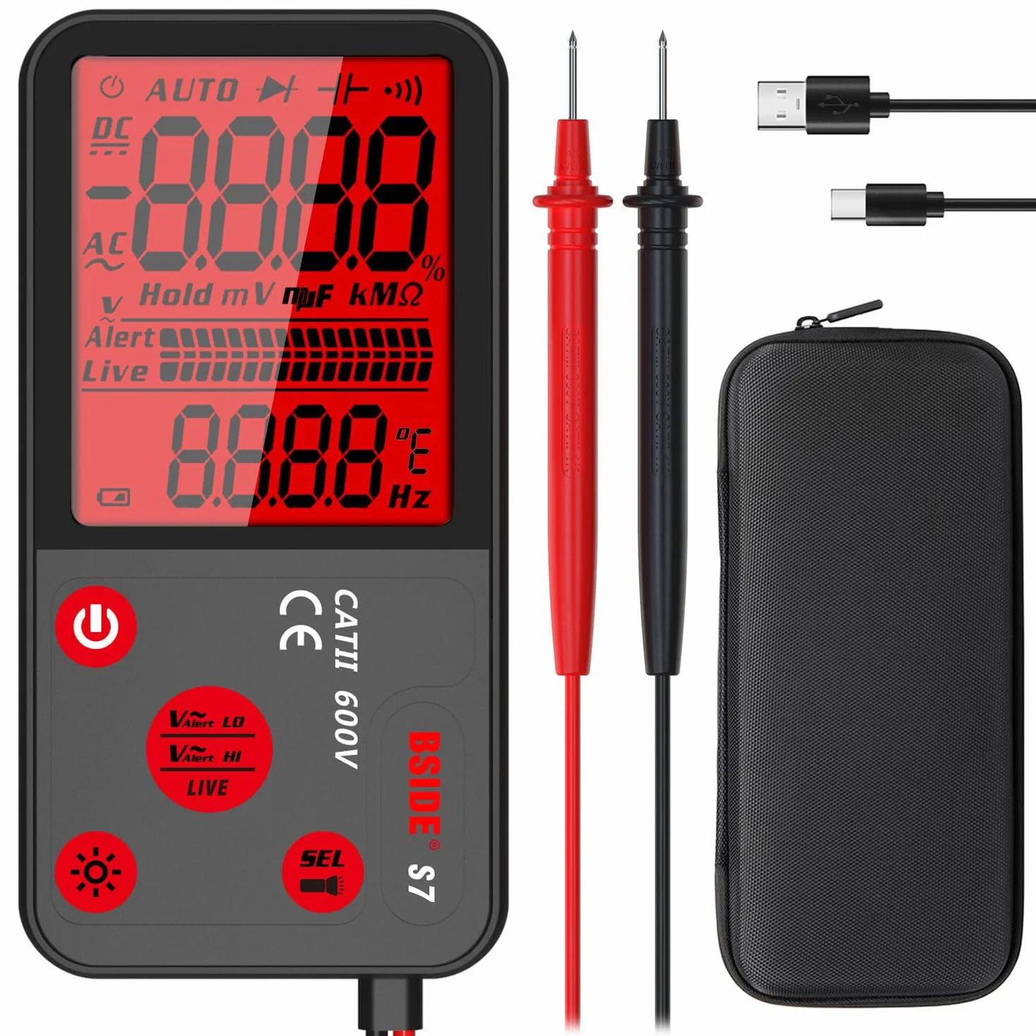 BSIDE Multímetro Digital Recargable Gran Pantalla Tester Automatico de Bolsillo Ultra Delgado NCV Probador de Voltaje Continuidad Resistencia Frecuencia Nostagia di ADMS7 con Funda