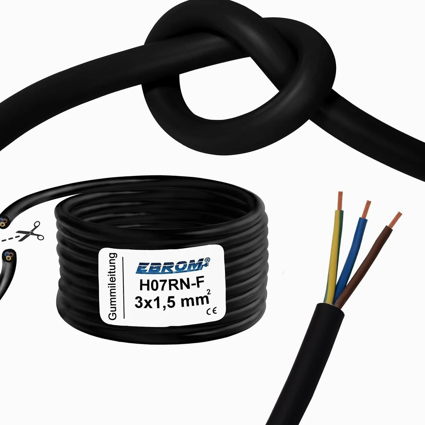 H07RN-F 3G1,5 mm² 3 x 1,5 mm² - Cable de goma (3 x 1,5 mm², se vende por metros en incrementos de 1 metro, cable de extensión de goma, cable de conexión de goma, cable de construcción, para