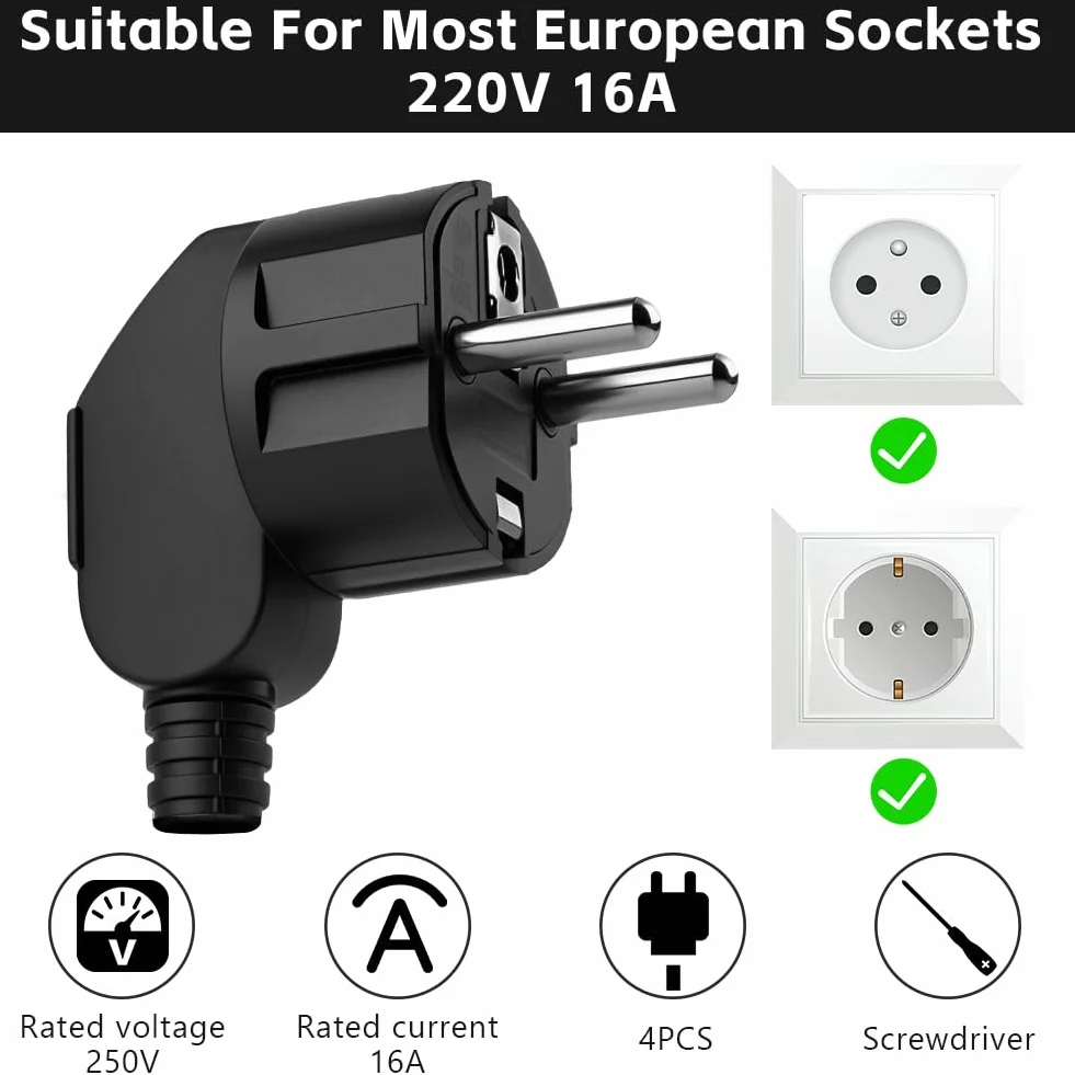 AXFEE Clavija Enchufe Macho 4 Piezas 250V 16A Exterior Negro