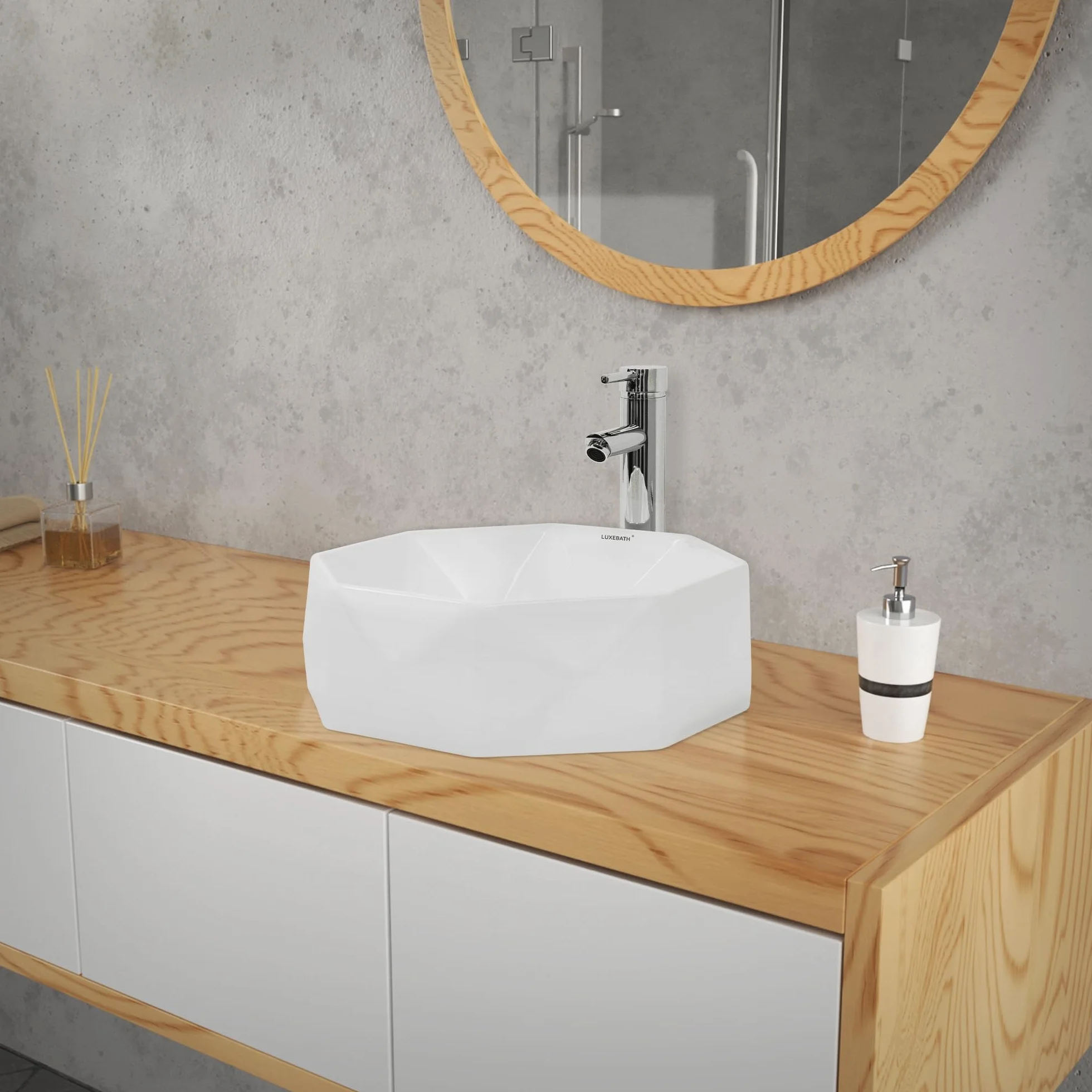 LuxeBath Lavabo Cerámica Blanco Brillante En Forma De Diamante Ø 420 x 135 mm Incl. Juego De Desagüe Sin Rebosadero 100 mm Lavamanos Moderno De Encimera/Colgante Con Fijación A La Pared Para Baño
