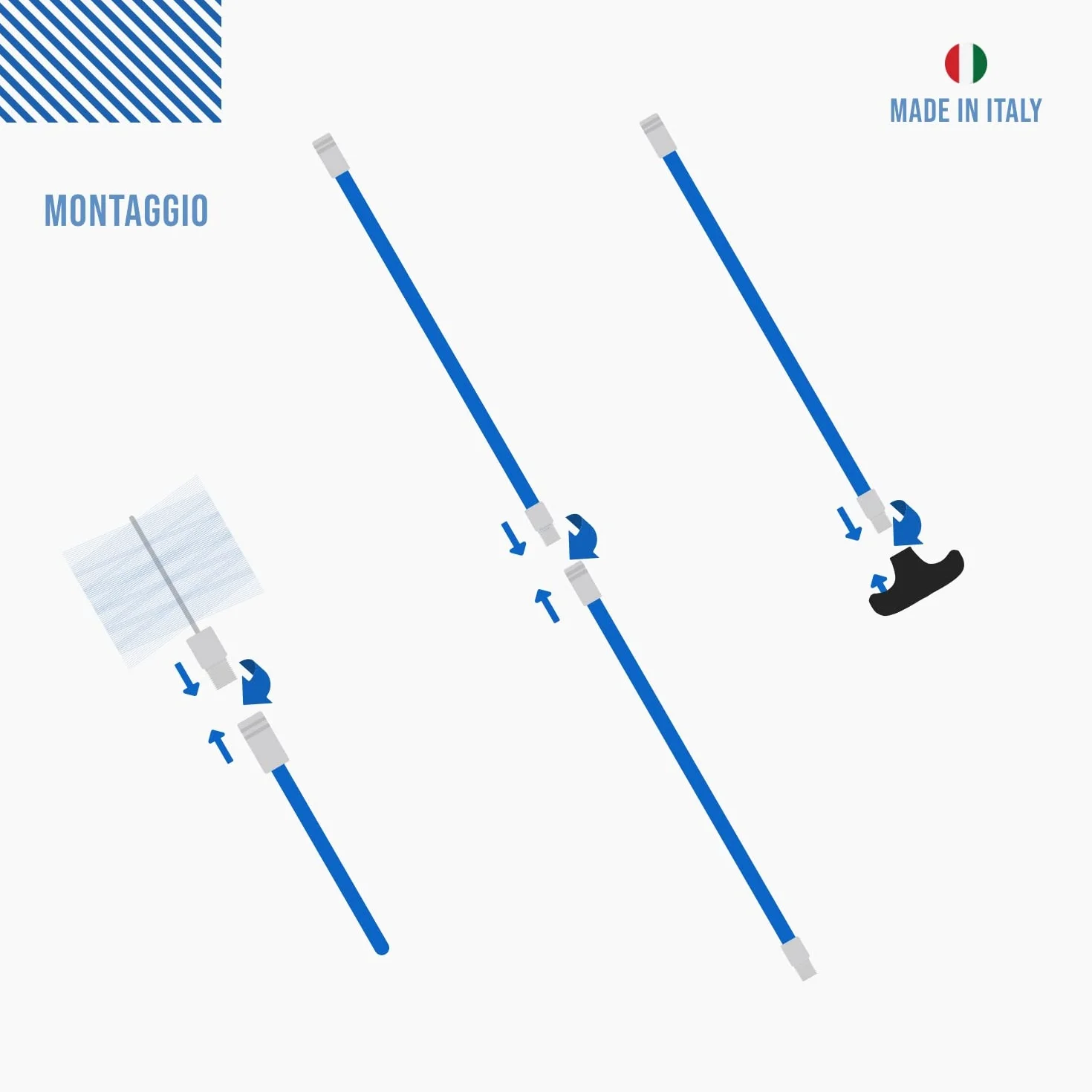 BARETTO | kit limpieza conductos humos chimenea | cepillos nylon Ø 80 y 100 mm, extensión azul 3 m, mango, conector M12 | set mantenimiento doméstico