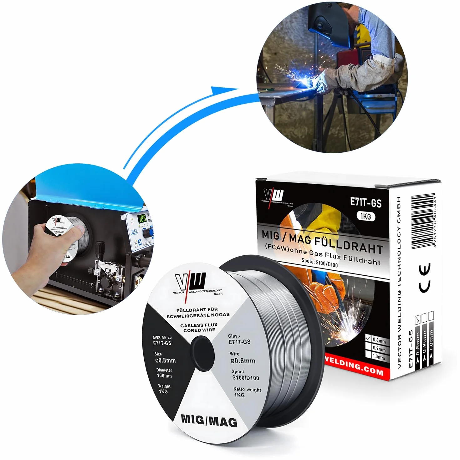 VECTOR WELDING Alambre de Soldadura D100/S100 MIG MAG de 1 kg, E71T-GS Hilo de Soldar sin Gas, 0,8 mm, 2 Unidades, Uso universal