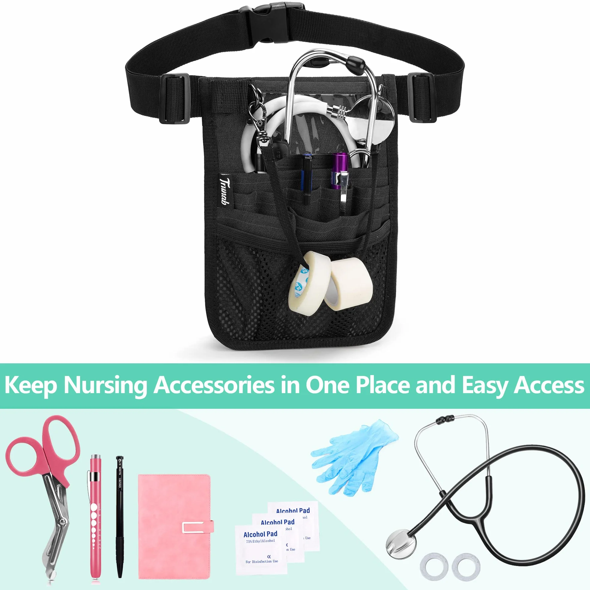 Trunab Riñonera de Enfermera con Soporte para Cinta, Organizador de Cinturón Ajustable, Negro