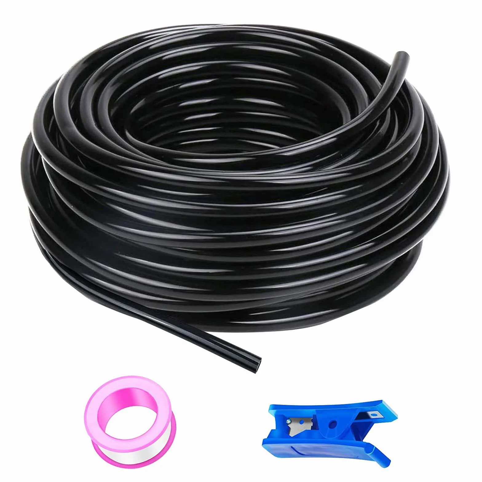 HUAZIZ 50 m Tubo neumático de poliuretano PU negro, tubo neumático de poliuretano flexible, exterior 6 mm x interior 4 mm + 1 pieza de cortador de tubo azul + 1 pieza de cinta de teflón rosa
