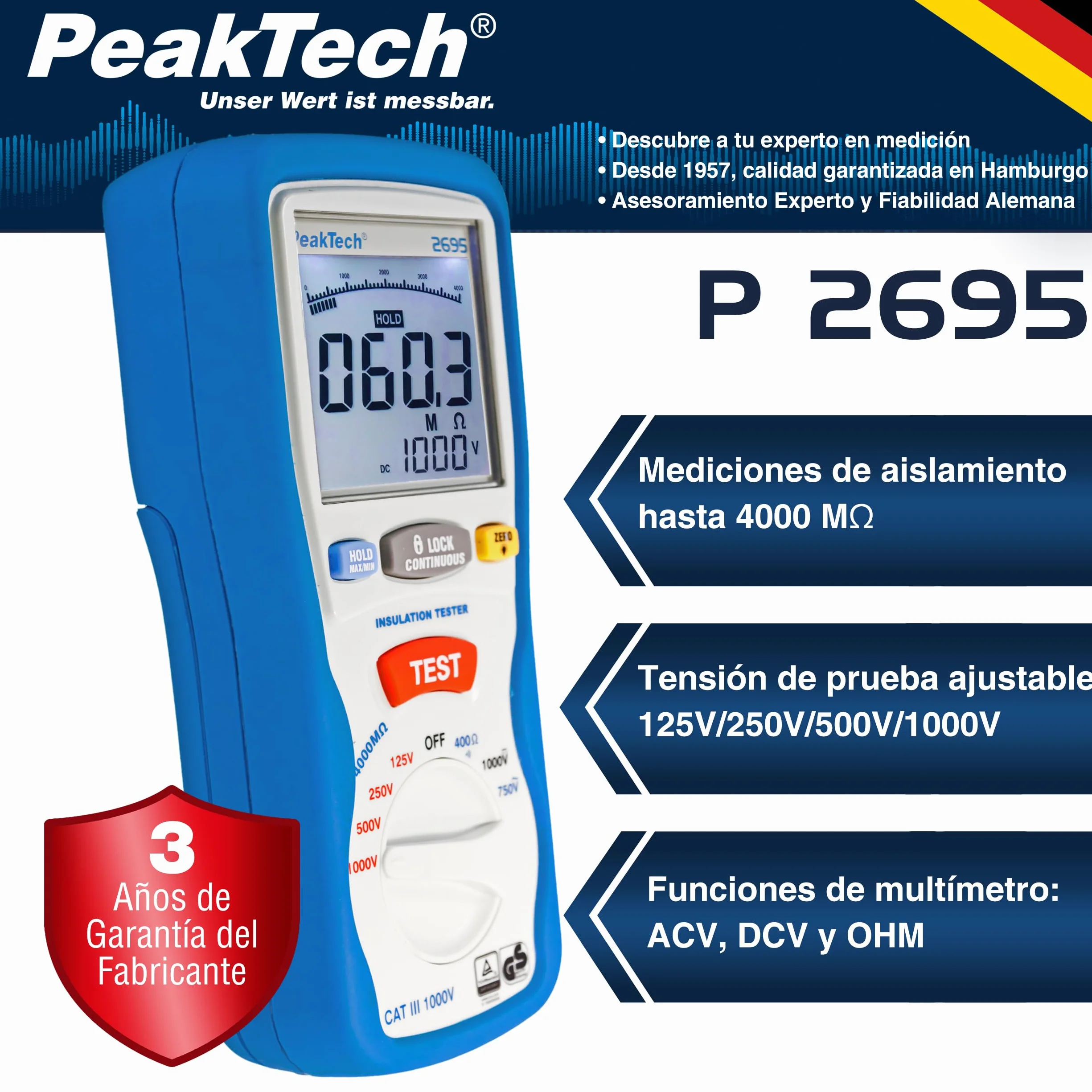 PeakTech 2695 – Probador de aislamiento, calibrado, probador de continuidad, voltímetro, circuitos, fusibles, mínimo/máximo, retención de datos, TUV/GS - 125V, 250V, 500V, 1000V
