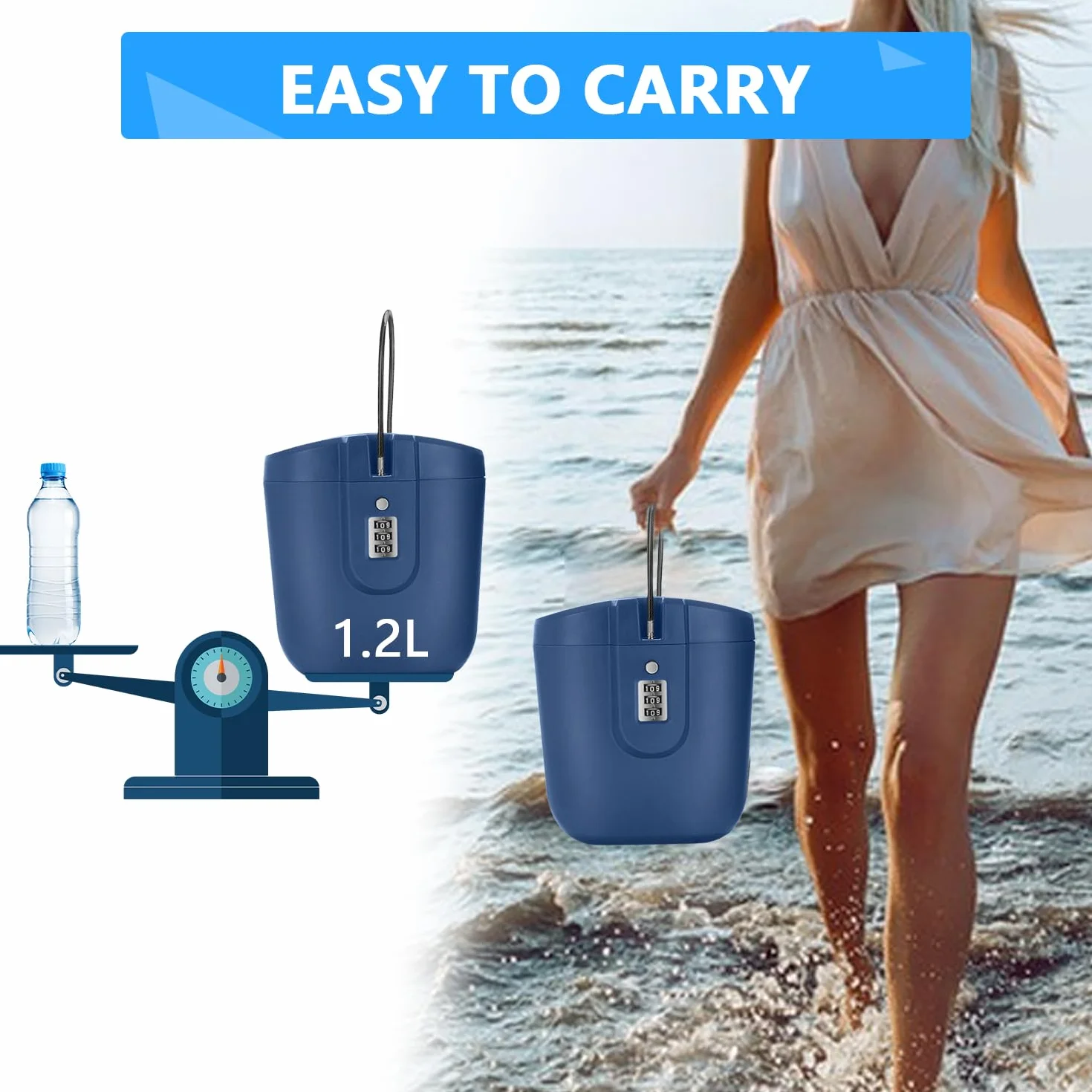 Caja Fuerte para la Playa para Sus Objetos Valor, Segura para la Playa con Cerradura Numérica, Caja de Seguridad Antirrobo Portátil Playa, Camping, Viajes, Deportes, Compras (Azul)