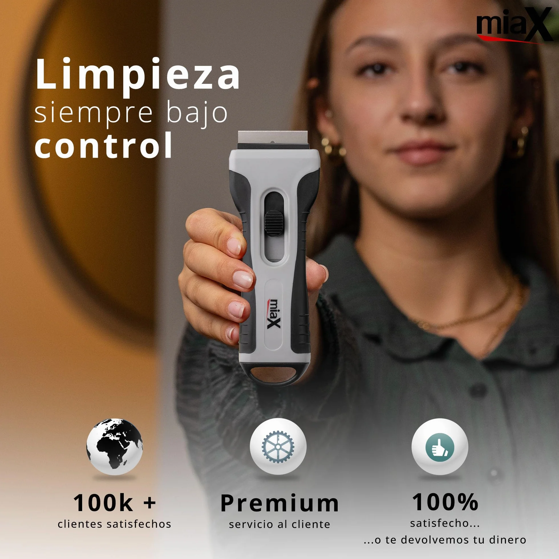miaX Rasqueta Vitrocerámica Profesional Soft-Touch con Cuchillas Integradas | Rascador para cristal, cocina y hogar, cuchillas de repuesto integradas, agarre cómodo, diseño estable