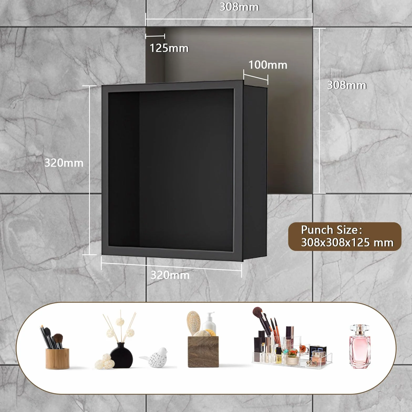 Nicho de ducha negro 320 x 320 x 125 mm, inserto de pared de acero inoxidable, bandeja impermeable, organizador de almacenamiento