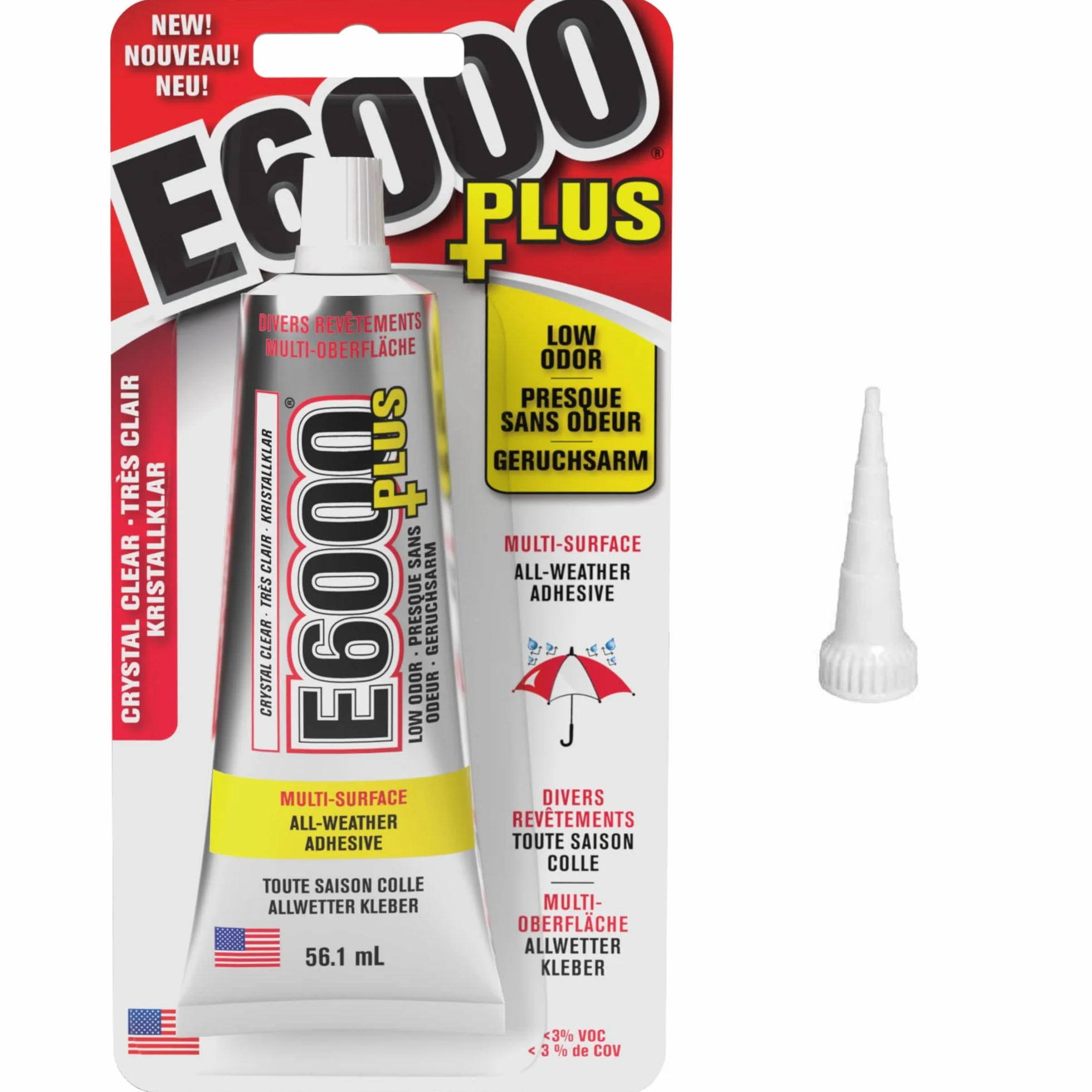 E6000 Plus - Pegamento para manualidades y boquilla de punta corta original, para tela, madera, joyas, cristal, gemas, cuentas adhesivas, etc. 56.1ml