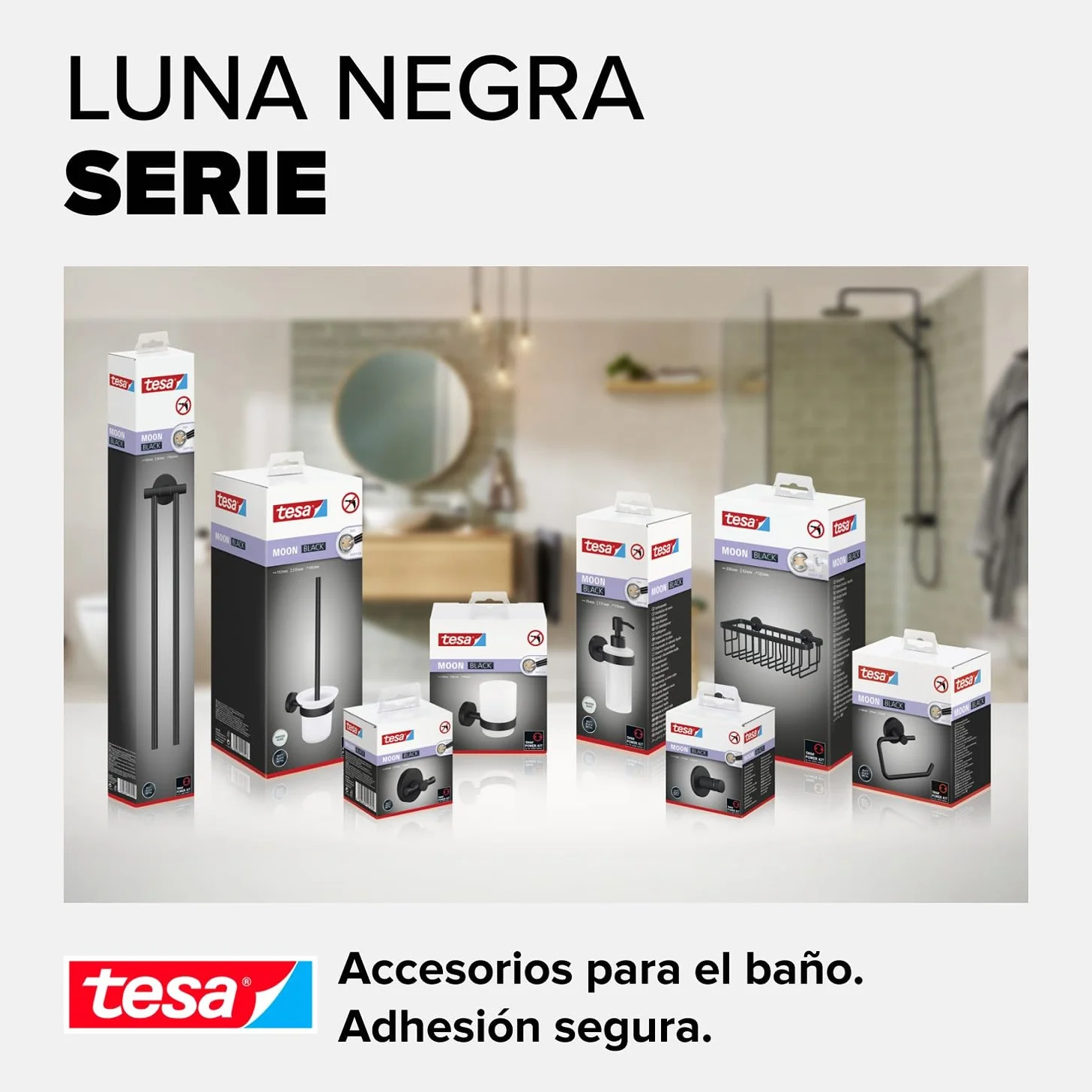tesa Anilla de Toallas Moon Black Negro Mate autoadhesiva 53 mm x 184 mm x 130 mm