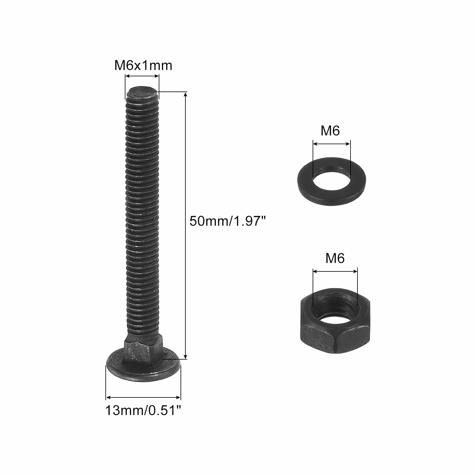 sourcing map Kit de pernos de carro M6 x 50 mm, juego de 25 tornillos de cabeza redonda de cuello cuadrado, juego de tornillos de carro incluye arandelas y tuercas, acero al carbono, óxido negro para