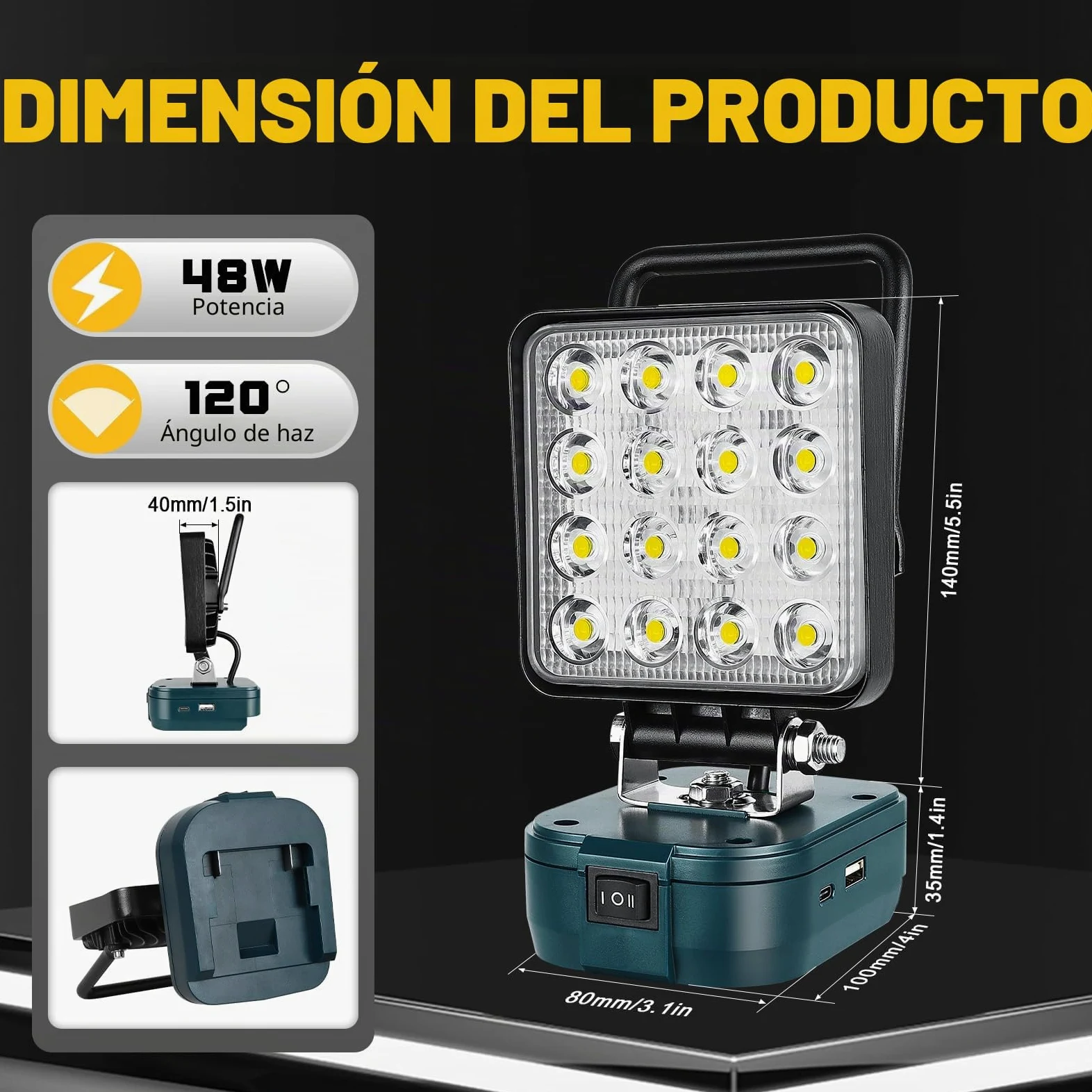 SKYWORLD Luz de trabajo LED inalámbrica para batería Bosch de 18 V, 48 W, 4800 lm, reflectores portátiles para iluminación de camping de bajo voltaje al aire libre, taller, garaje, lugar de trabajo