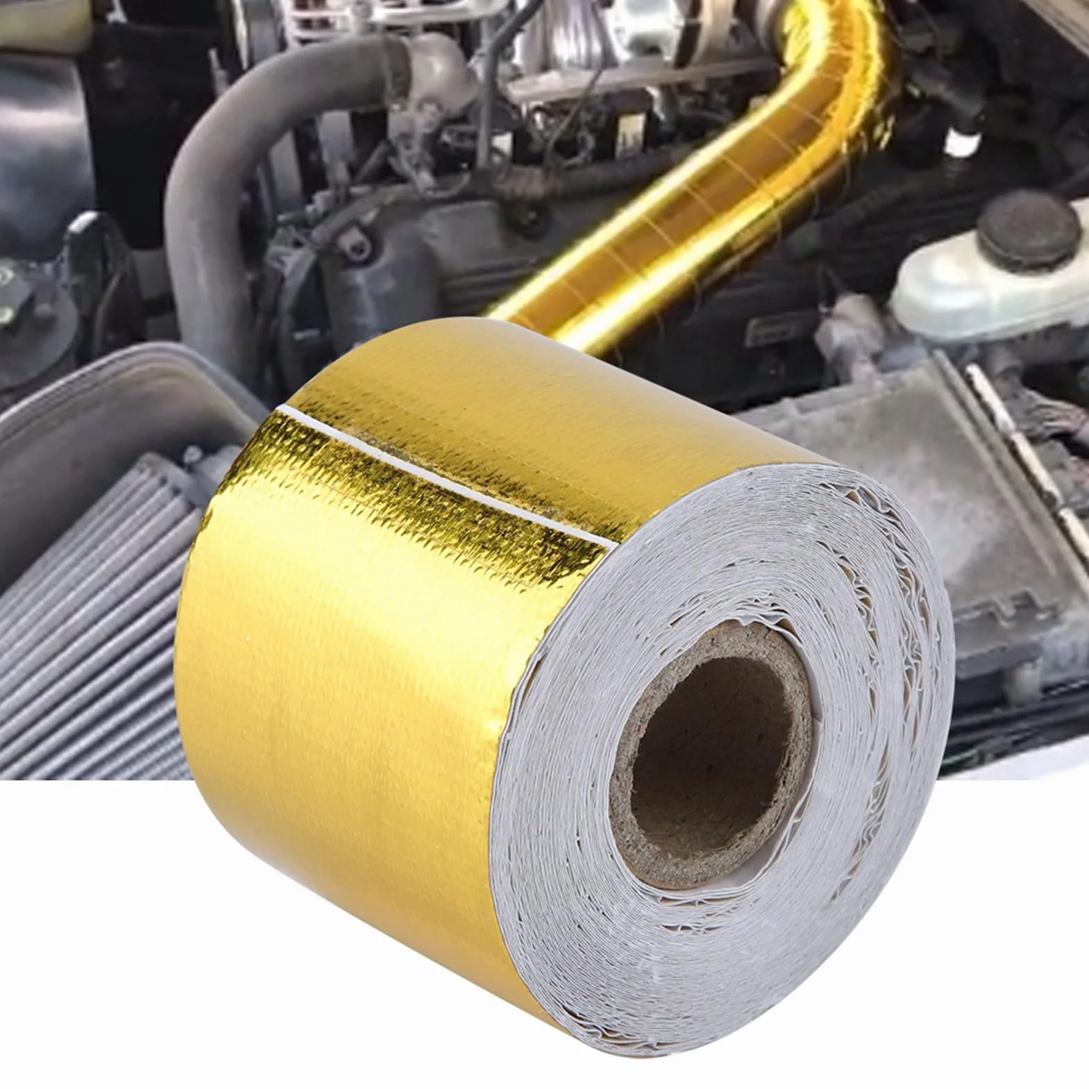 Aramox Cinta Adhesiva, cinta proteccion termica cinta aislamiento termico coche 1 Rollo de oro del Coche de Aluminio Cinta Adhesiva Cinta Adhesiva Reflectante Escudo Protector Térmico(10M*5CM)