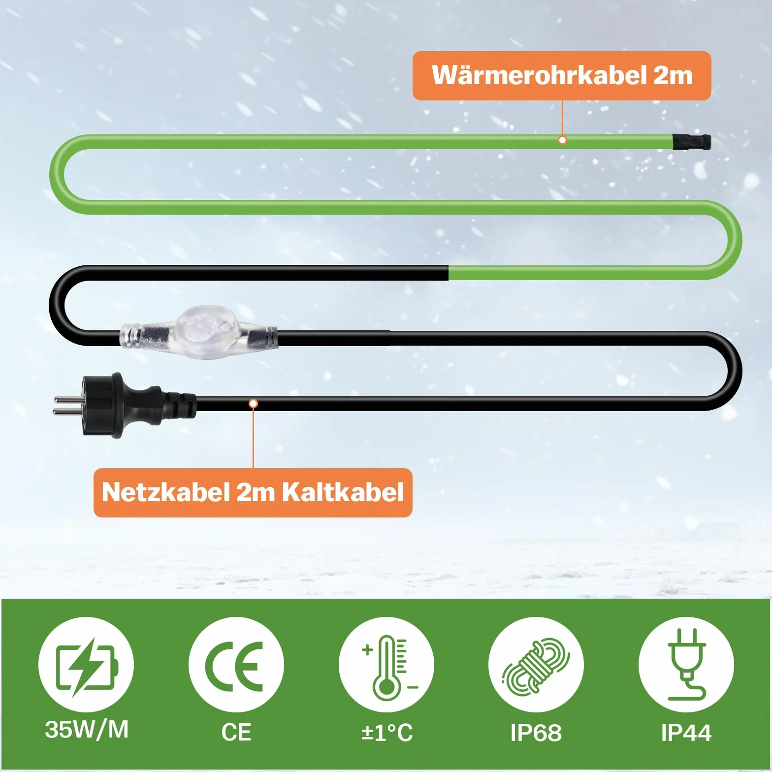 Cable calefactor de 2 m con termostato, 35 W/m, autorregulable, con protección antihielo y luz indicadora de funcionamiento, para tuberías de agua, canalones y abrevaderos, IP68