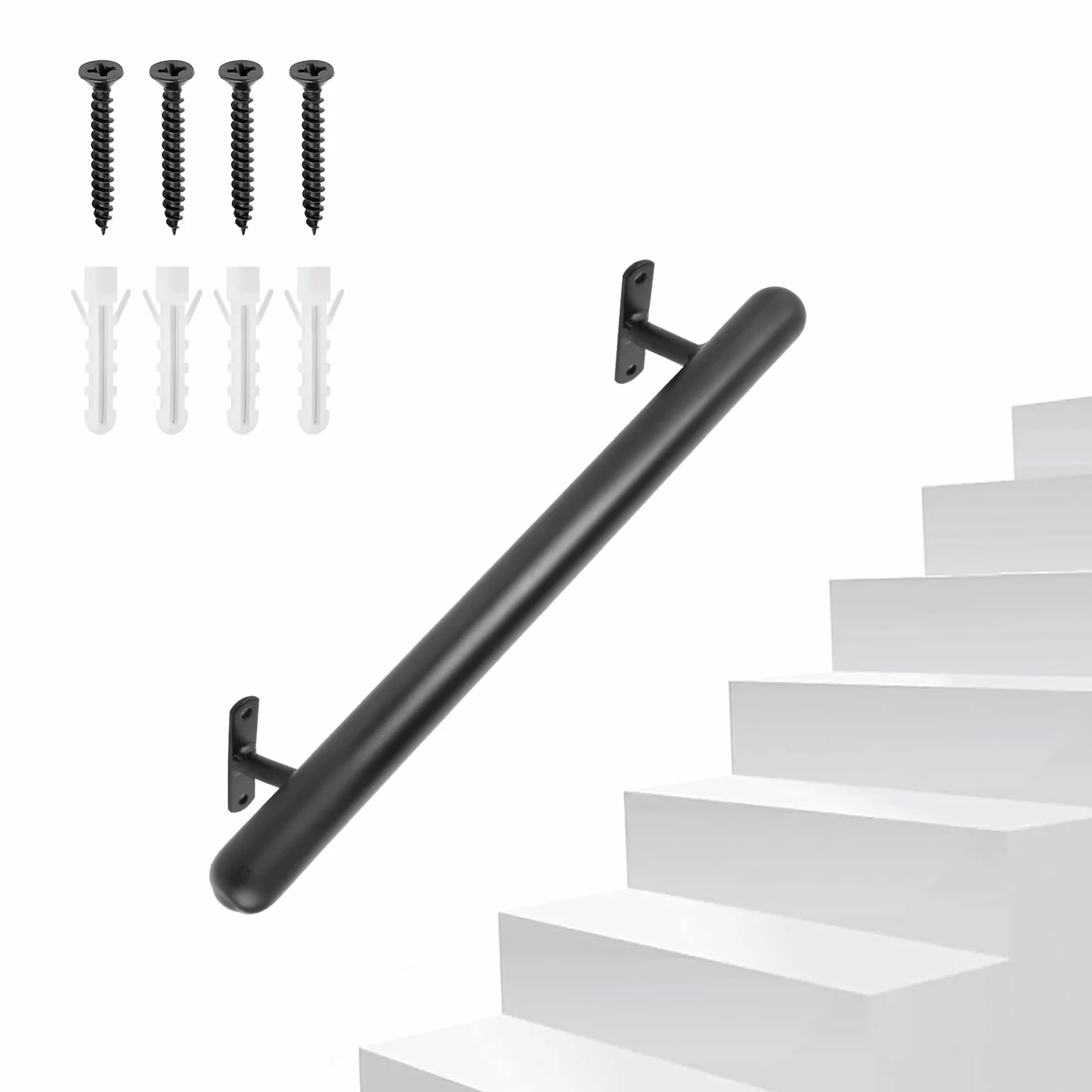 Pasamanos negro con recubrimiento en polvo 41cm Barandilla metálica para interior/exterior Ø32mm – Asidero de seguridad para garaje, sótano, terraza, escaleras, barandillas – Interior/exterior
