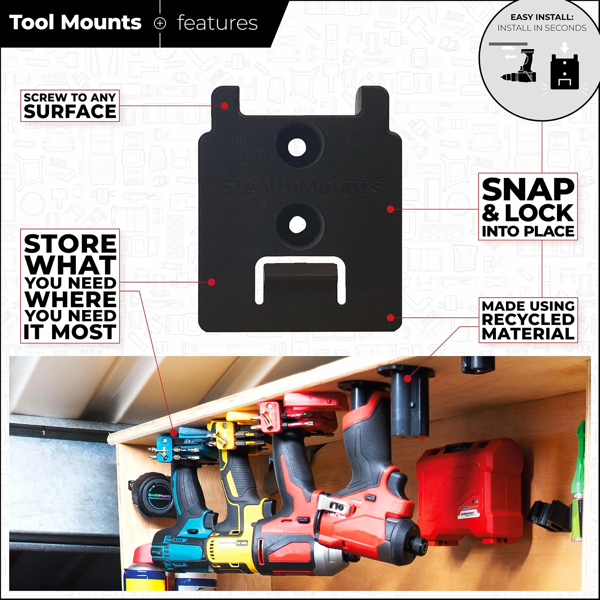 StealthMounts Portaherramientas compatibles con DeWalt MAX + XR + Flexvolt | Soportes de herramientas inalámbricos compatibles con herramientas eléctricas DeWalt de 18 V + 20 V + 54 V + 60 V | Paquete