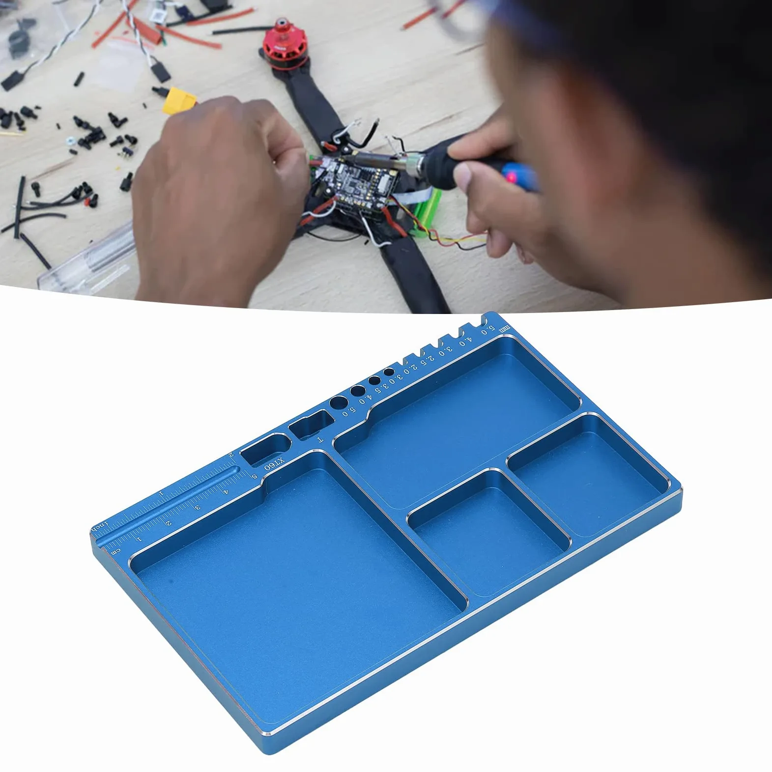 Bandeja de Tornillos Magnéticos, Aleación de Aluminio, Adsorción Magnética, Bandeja de Piezas Magnéticas Ampliamente Utilizada con Almohadilla Magnética para Reparación RC (Azul)