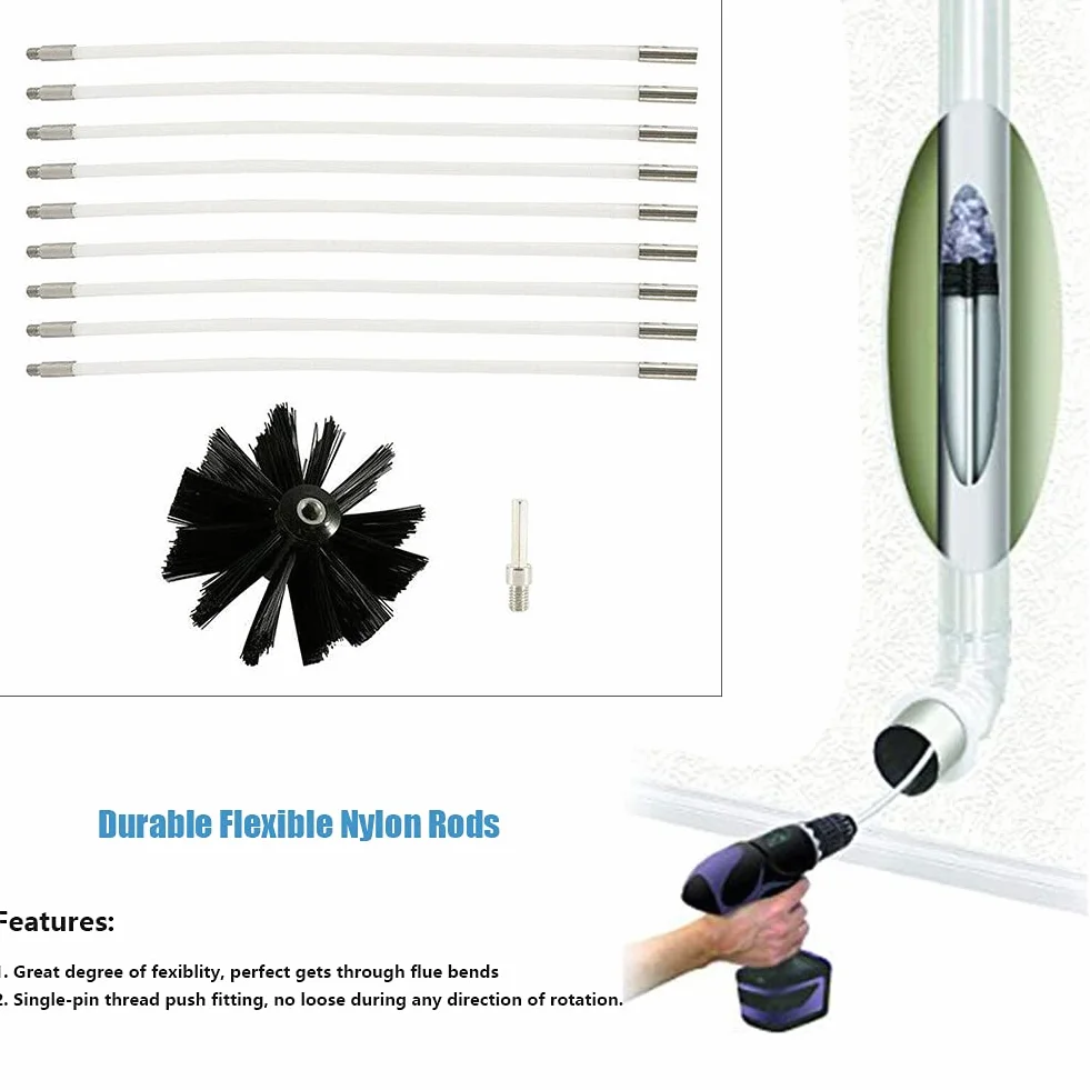 Cepillo De Chimenea Kit Herramientas De Limpieza De Barrido, Cepillo Limpieza Chimenea, Juego con 9 Varillas de Nailon, 1 Cabezal de Cepillo y 1 Barra Hexagonal para Aire Acondicionado, refrigerado