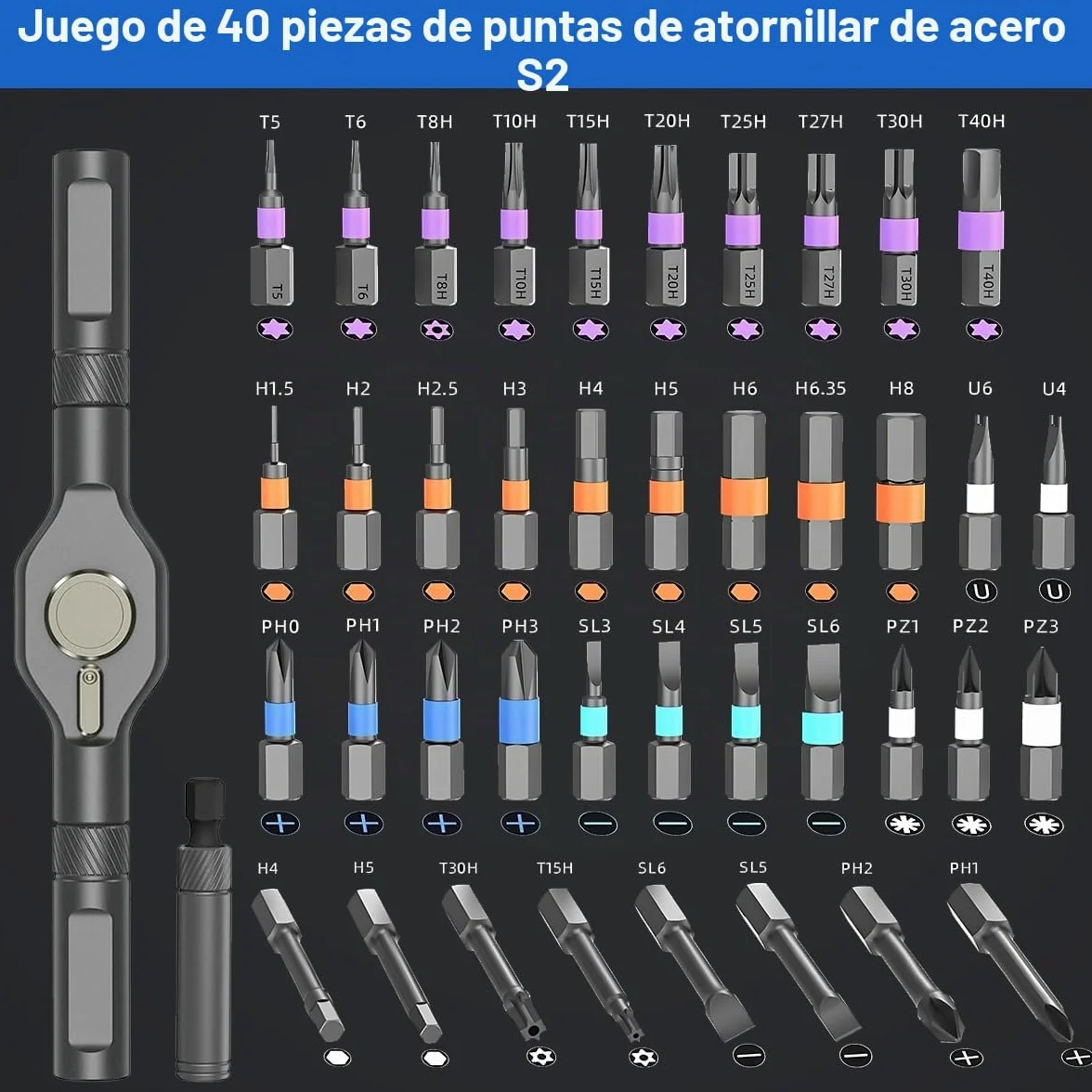 Juego de destornilladores de carraca 42 en 1, destornillador magnético de precisión con 40 puntas S2, mango en T modular y 3 mangos combinados, juego de herramientas de carraca mini con caja para