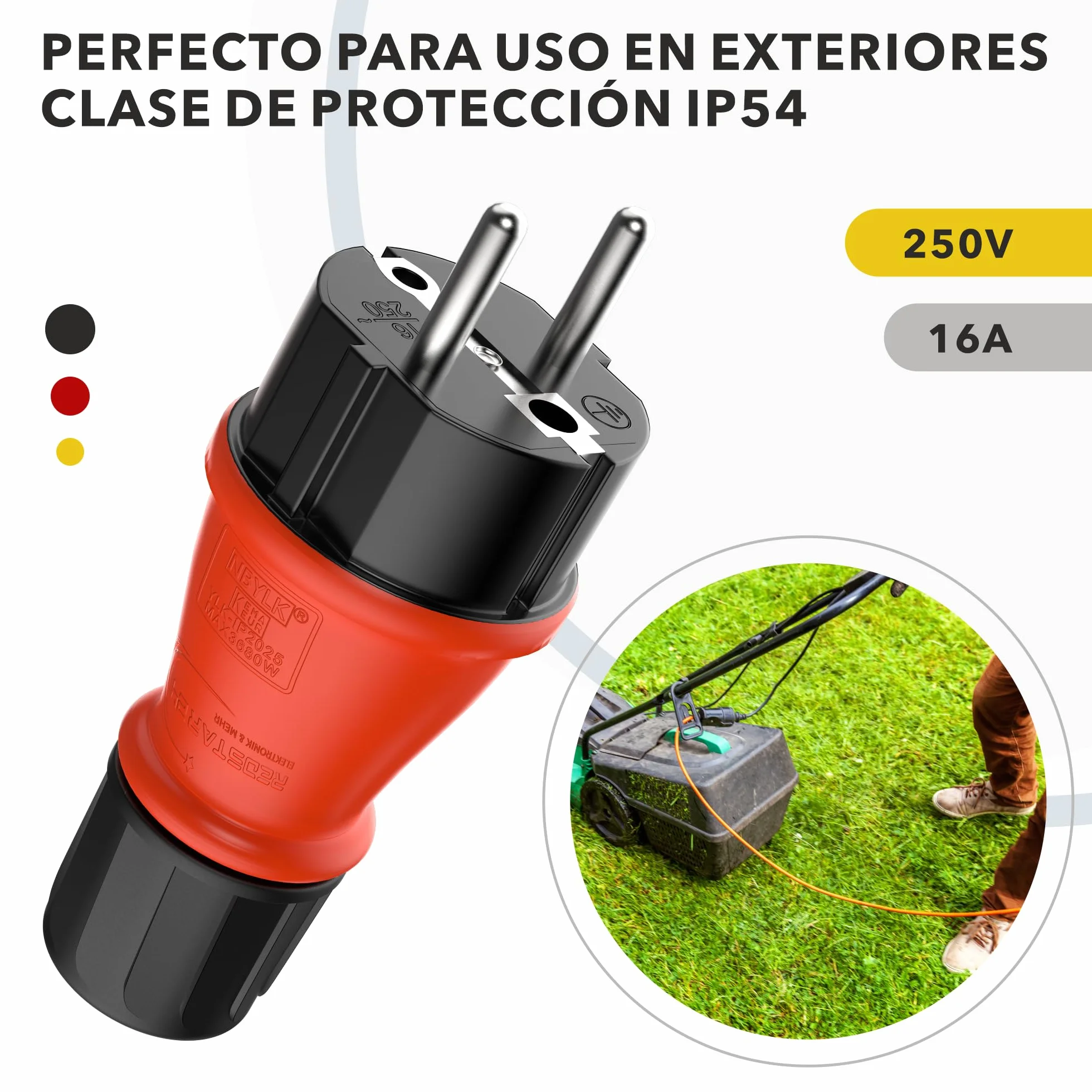 RedStar24 Enchufe Schuko 230V IP54 Set de 4 Conectores de protección robustos de goma y plástico, negro rojo