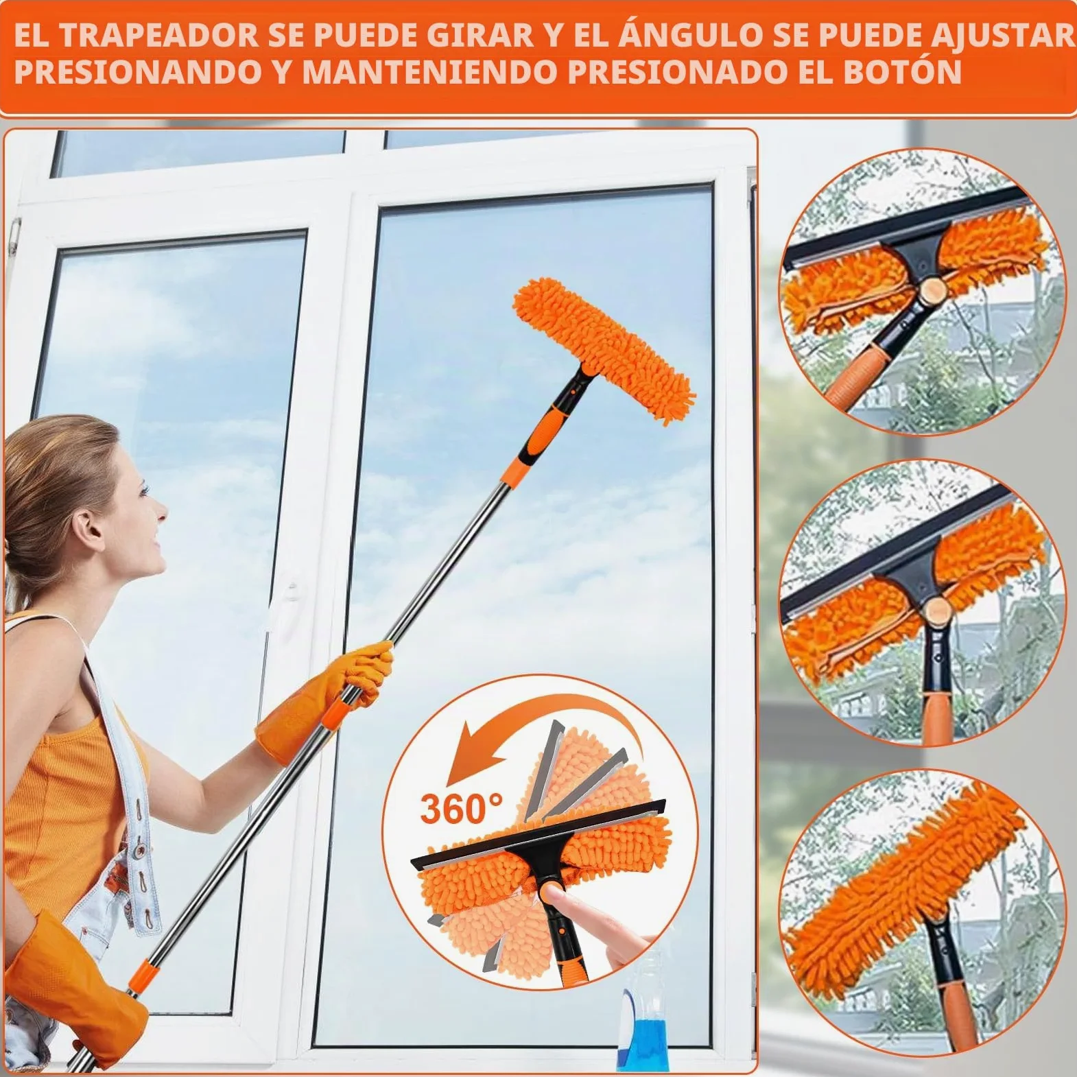 Limpiacristales con Mango Extensible de 24-450cm, Limpiador de Ventanas Telescópico con Escobilla de Silicona y Paños de Microfibra, Limpia Cristales con Mango Largo para Ventanas
